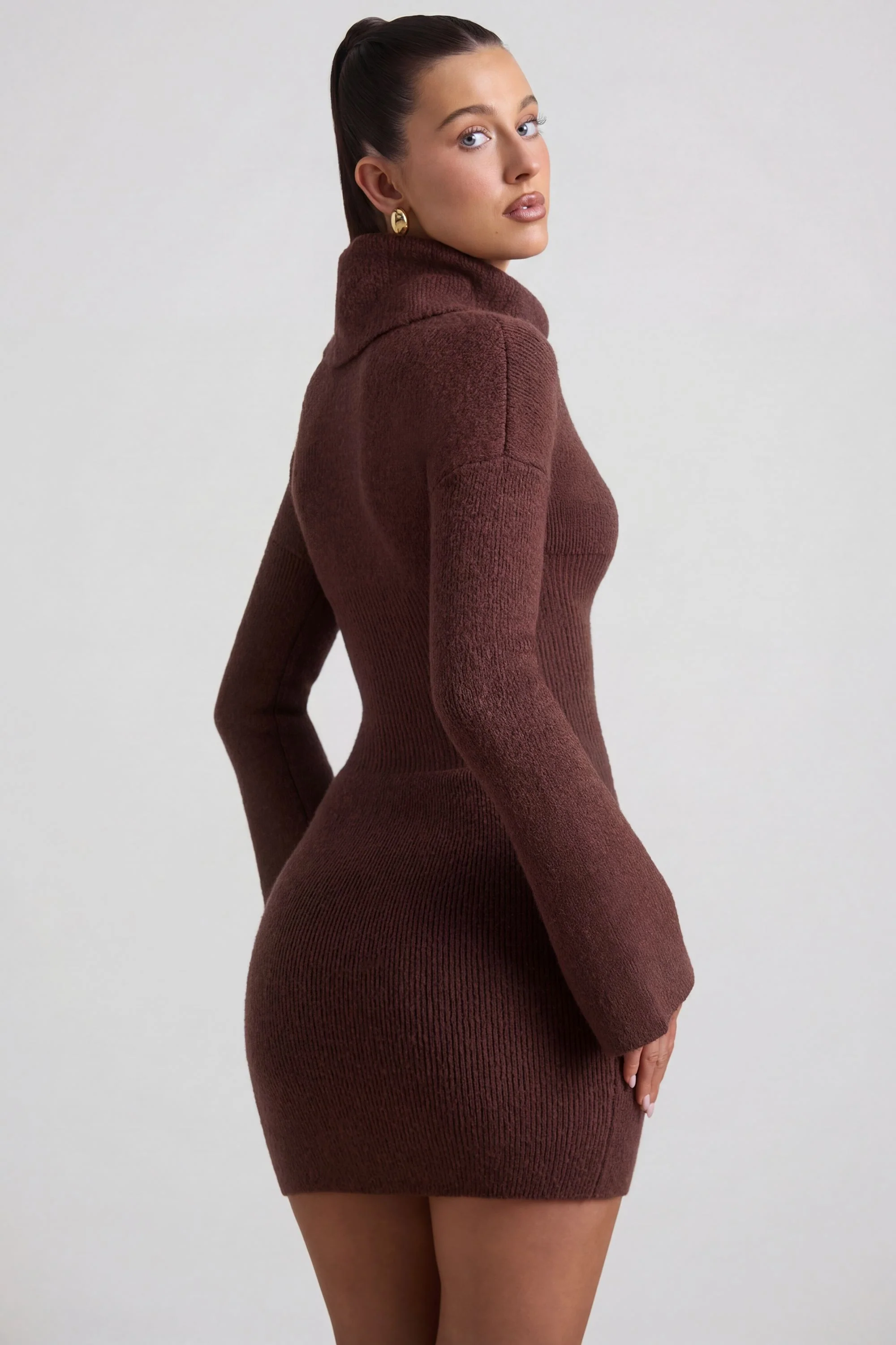 Ribbed-Knit Turtleneck Mini Jumper Dress in Espresso - Image 2
