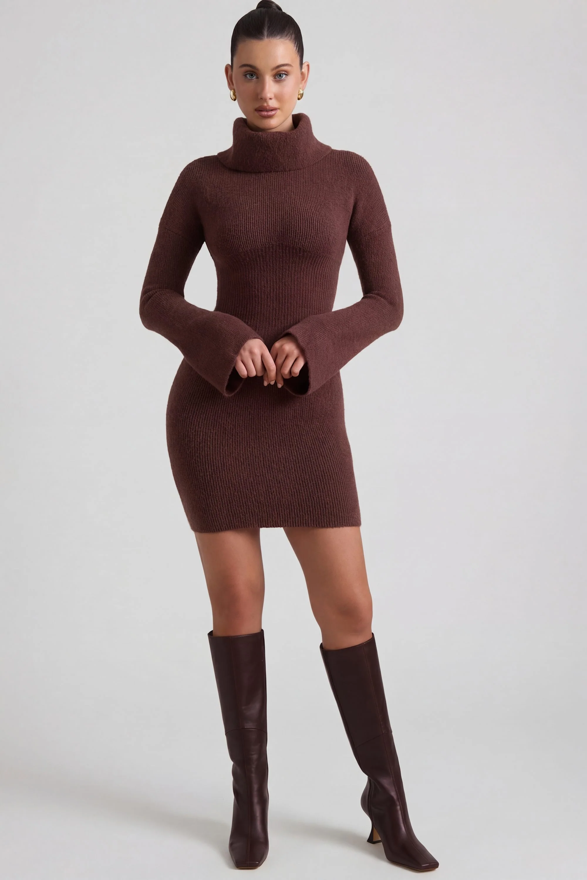 Ribbed-Knit Turtleneck Mini Jumper Dress in Espresso - Image 6