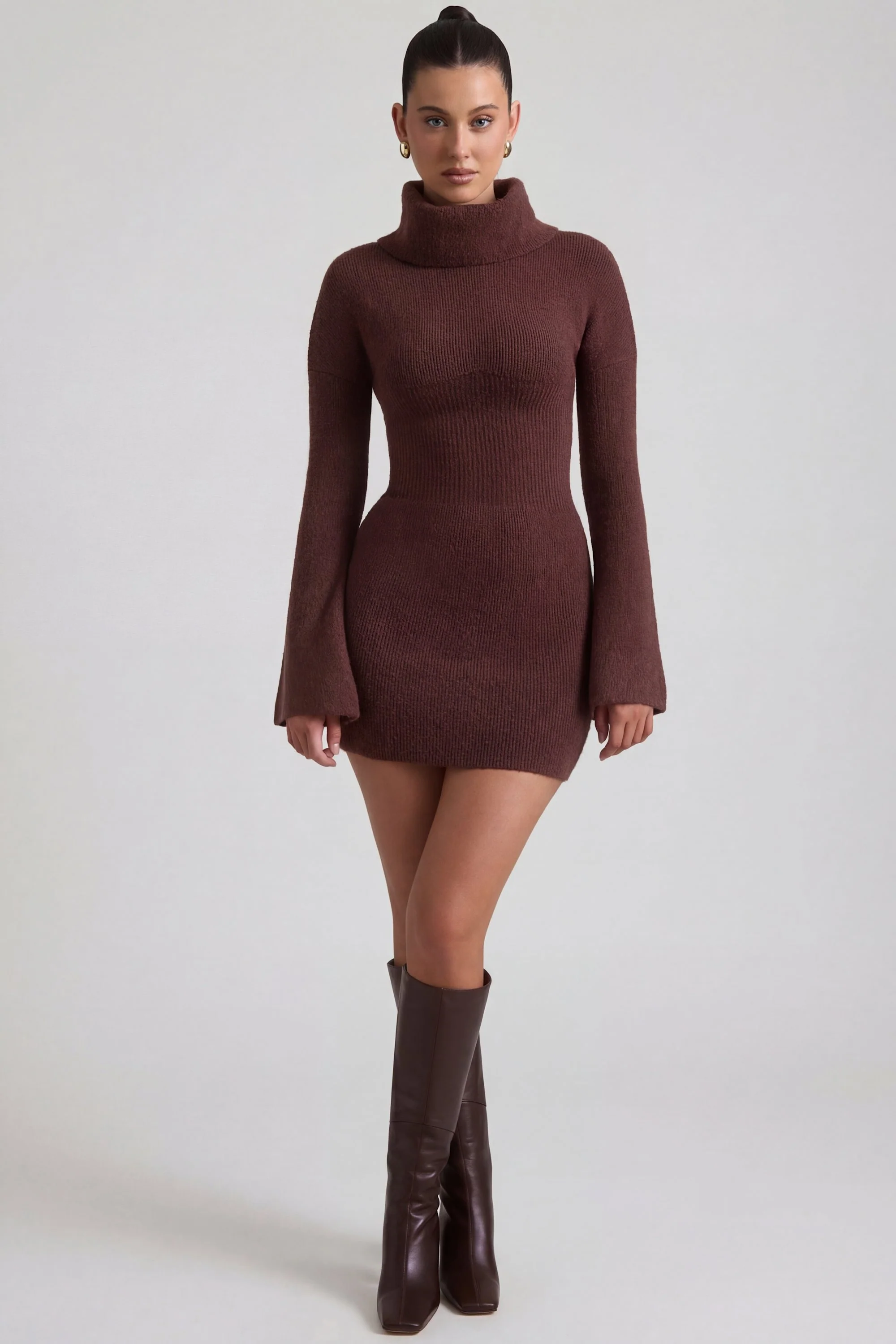 Ribbed-Knit Turtleneck Mini Jumper Dress in Espresso - Image 7