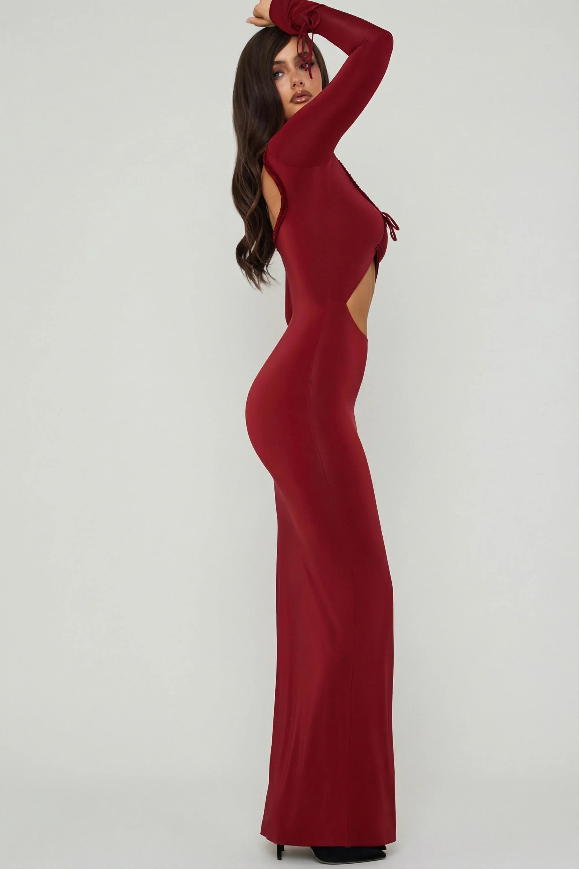 Ruffle-Trim Cut-Out Maxi Dress in Berry Red - Image 4