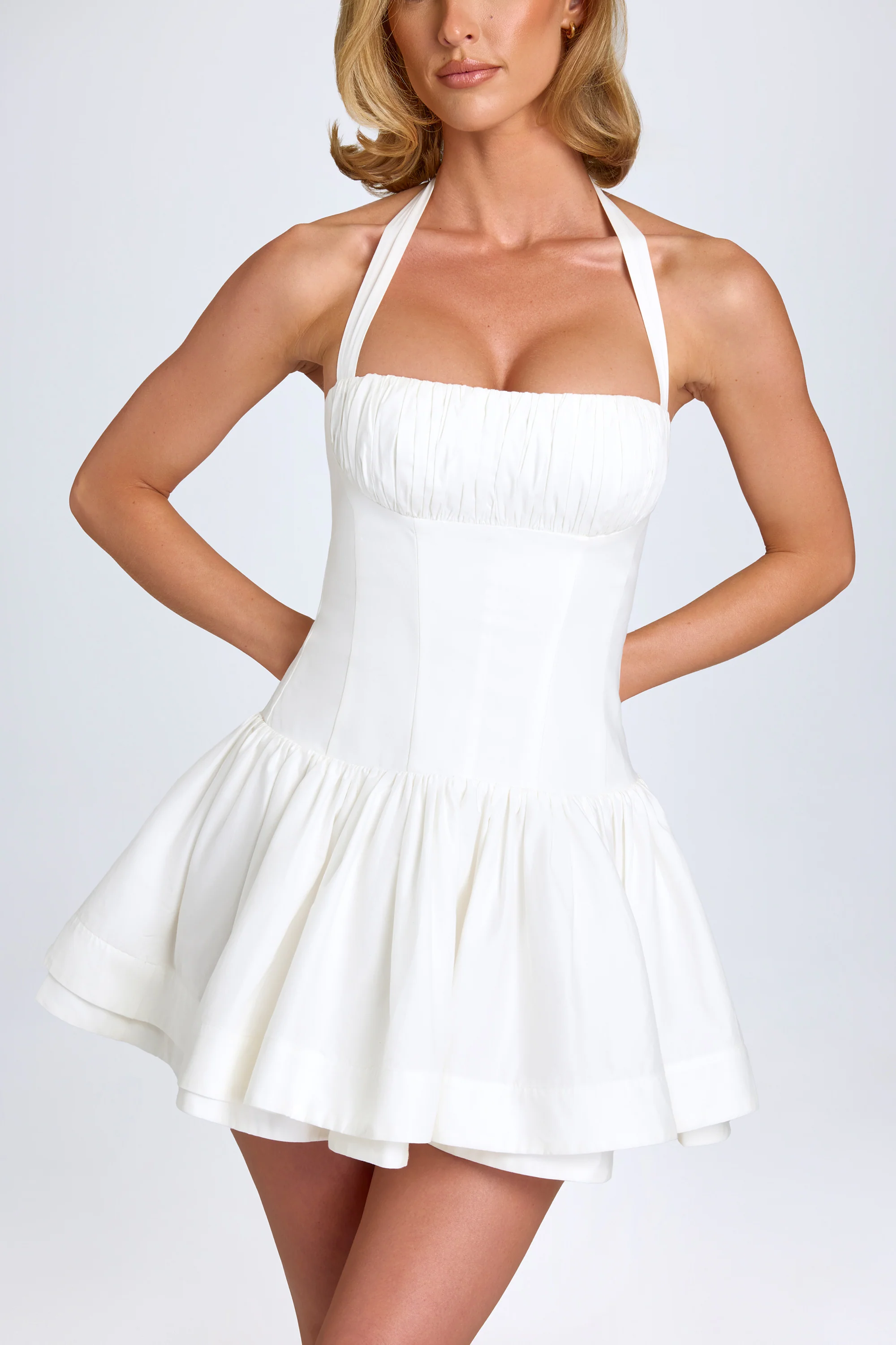 Ruched Halterneck Mini Dress in White - Image 4