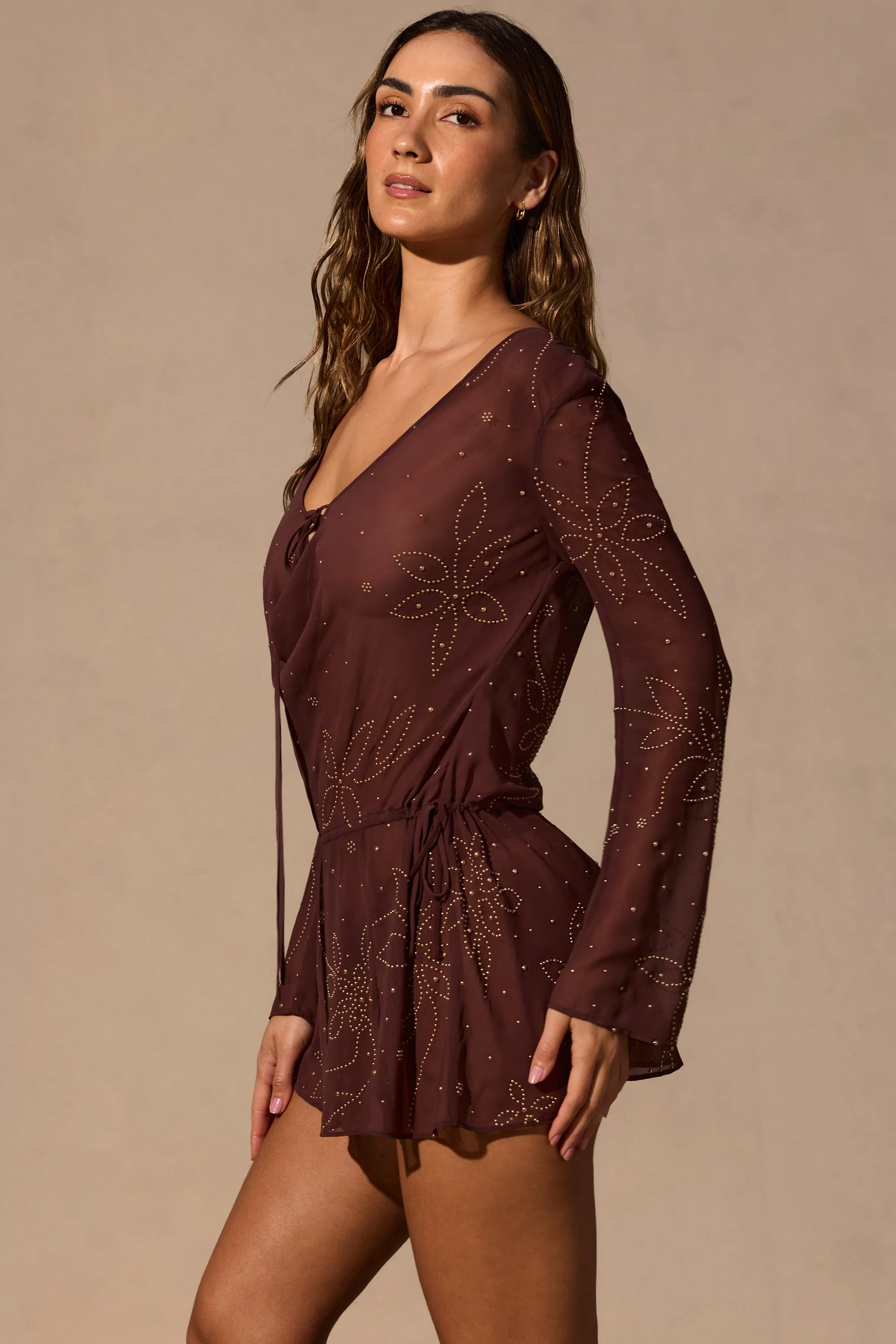 Long-Sleeve Mini Dress in Espresso Brown - Image 4