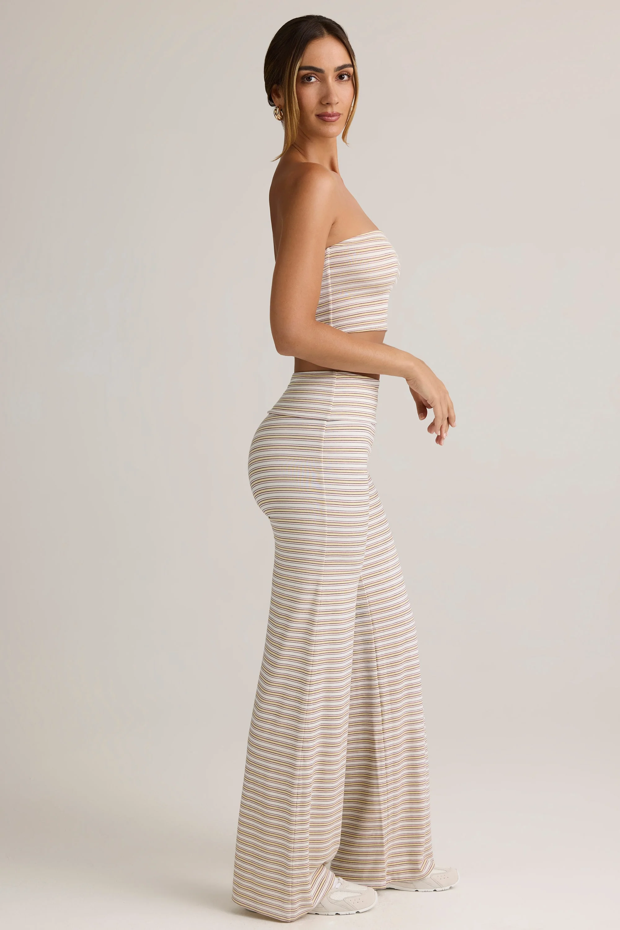 Modal Foldover Wide-Leg Trousers in Pink & Yellow Stripe - Image 3