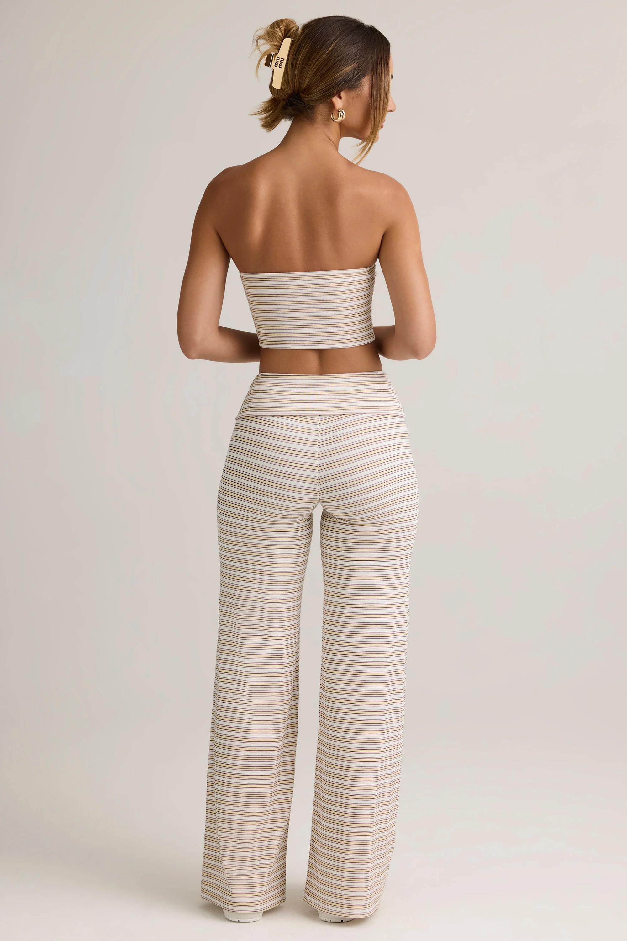 Modal Foldover Wide-Leg Trousers in Pink & Yellow Stripe - Image 5
