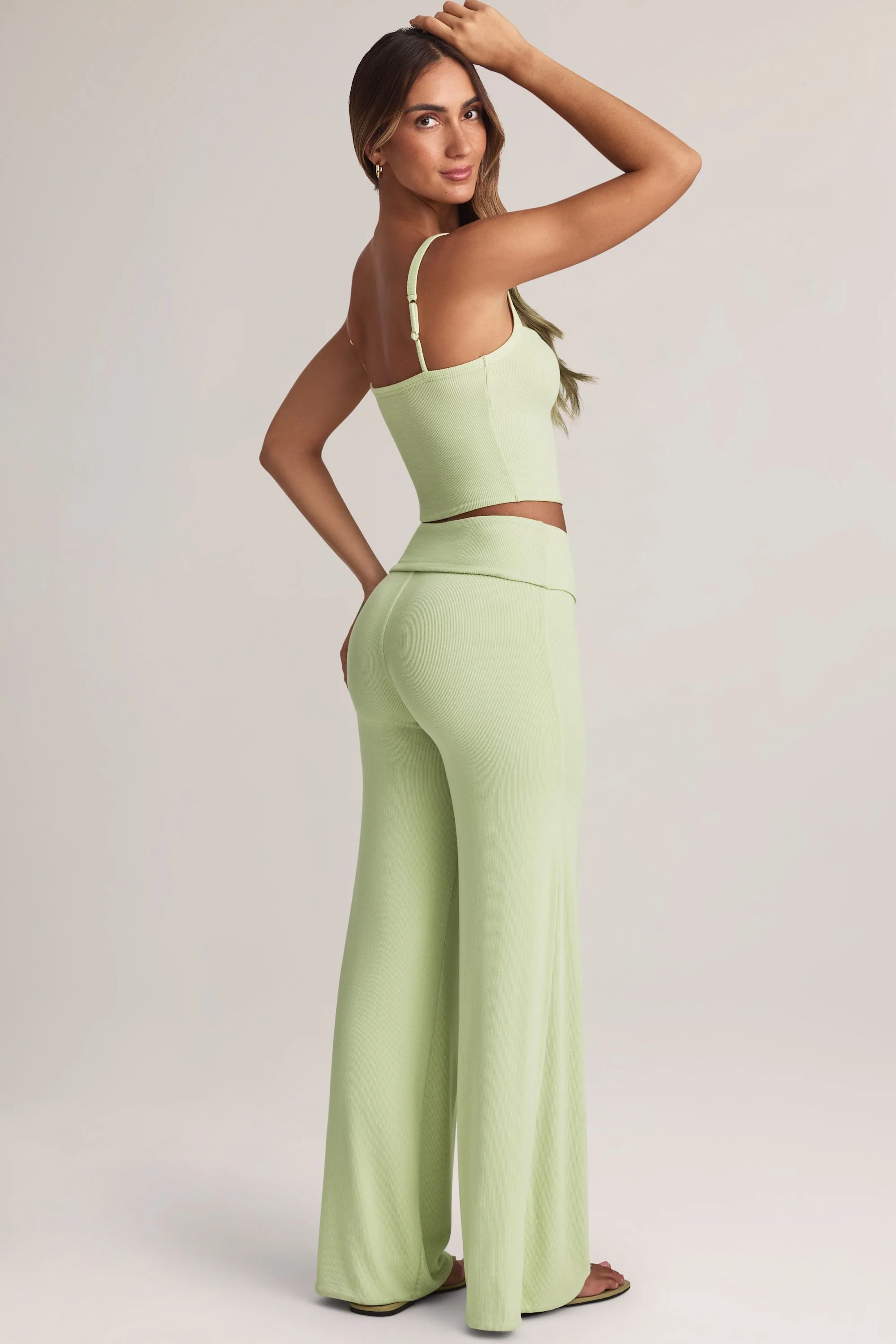 Modal Foldover Wide-Leg Trousers in Sage Green - Image 3