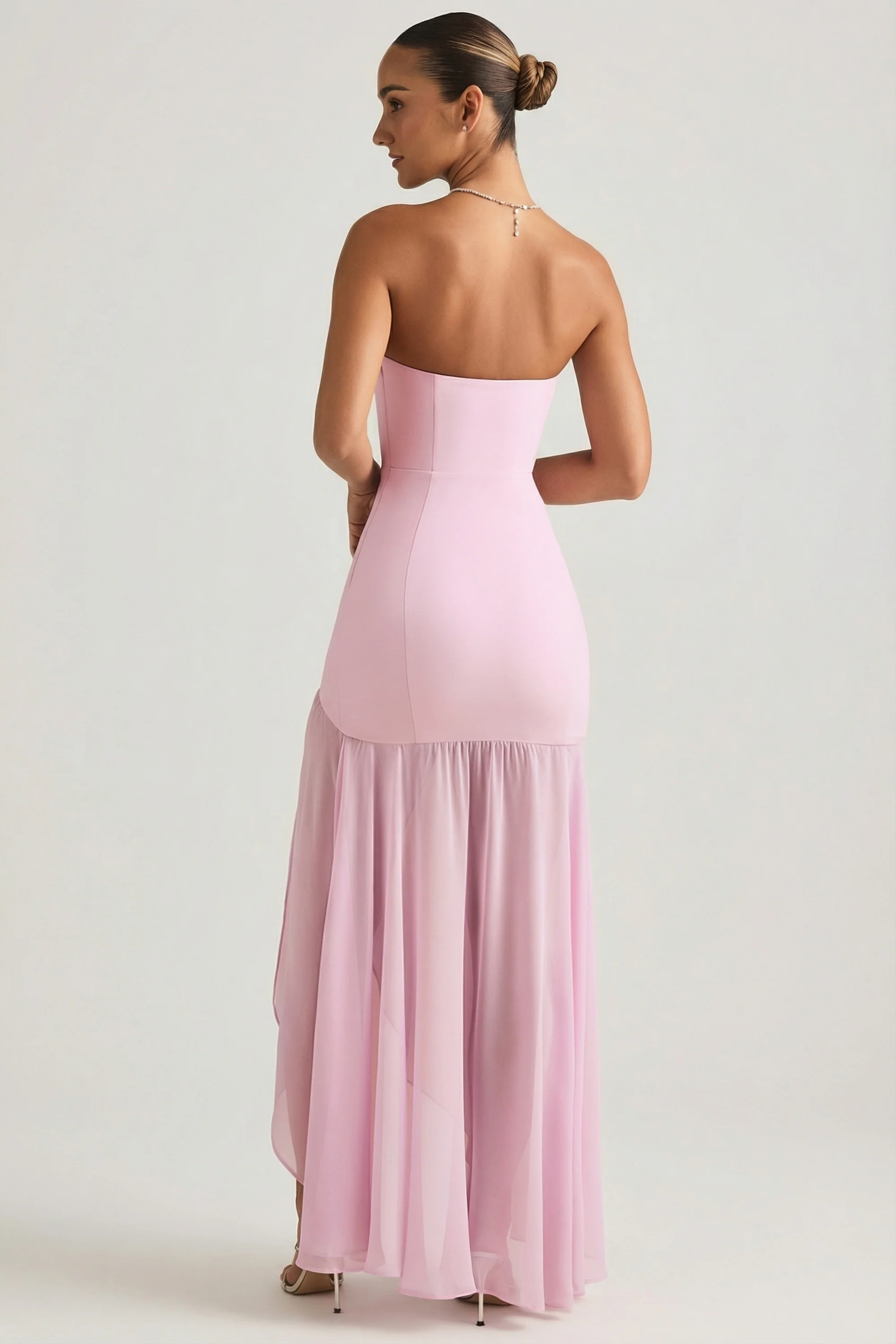 Asymmetric Strapless Fishtail Maxi Dress in Soft Pink - Image 5