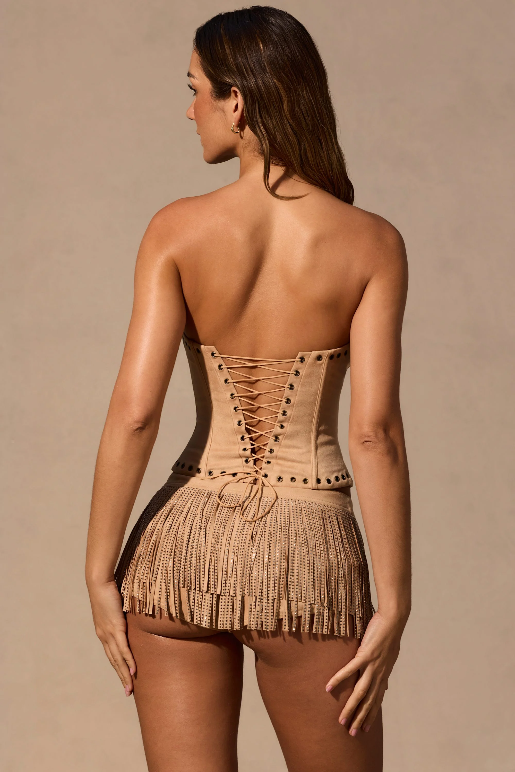 Fringed Low-Rise Mini Shorts in Tan - Image 4