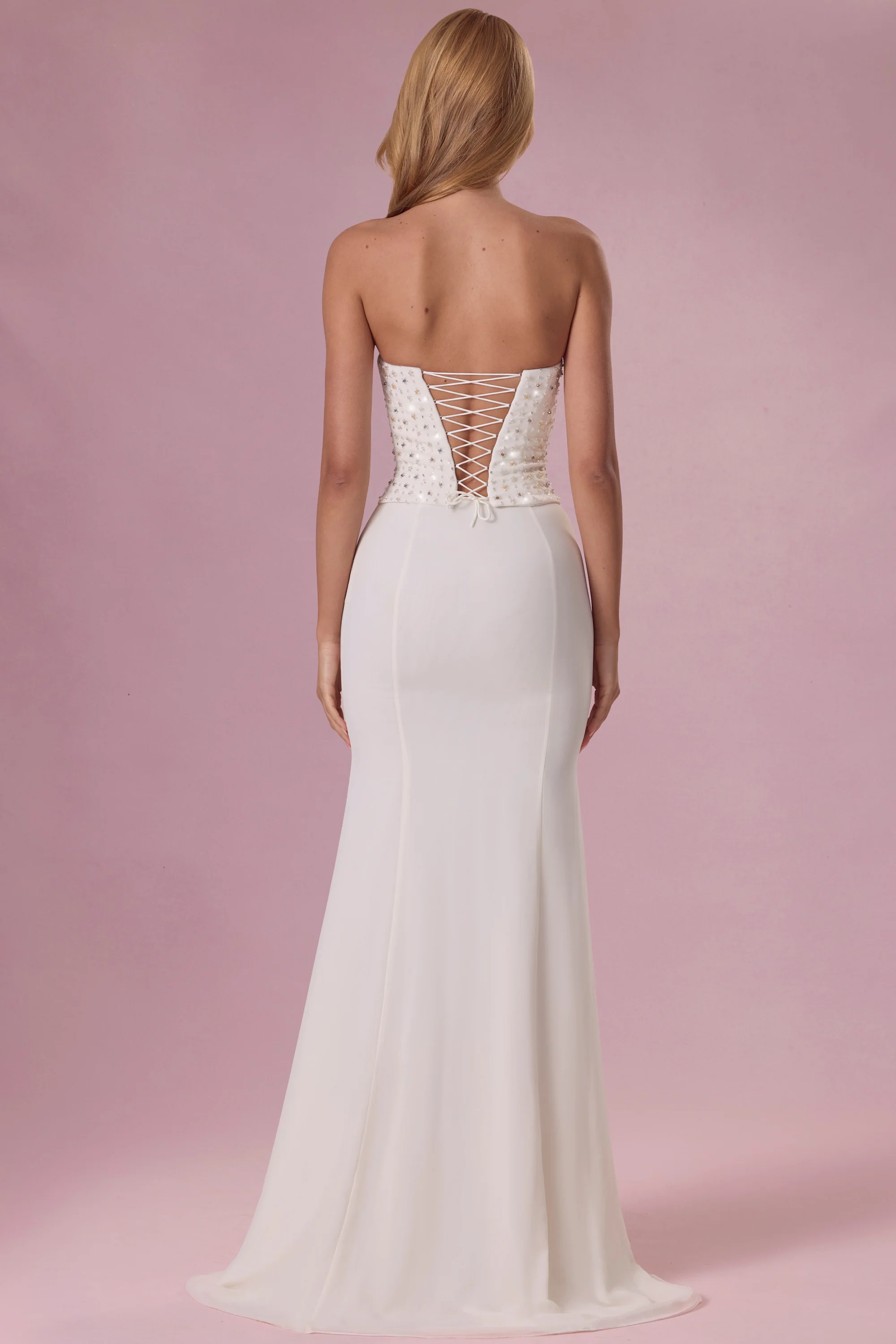 Embellished Corset Strapless Gown in Pearl - Image 6