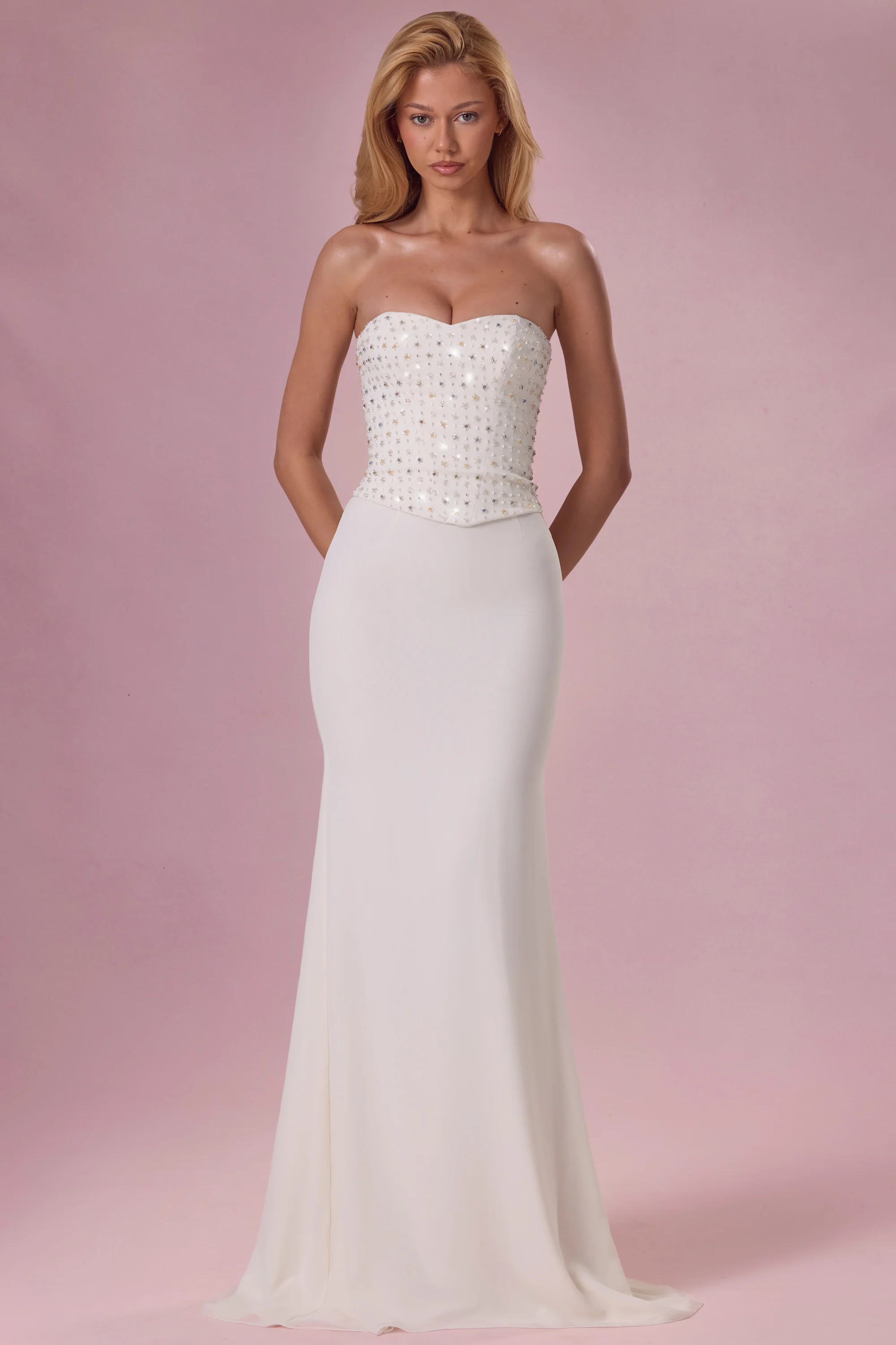 Embellished Corset Strapless Gown in Pearl - Image 7