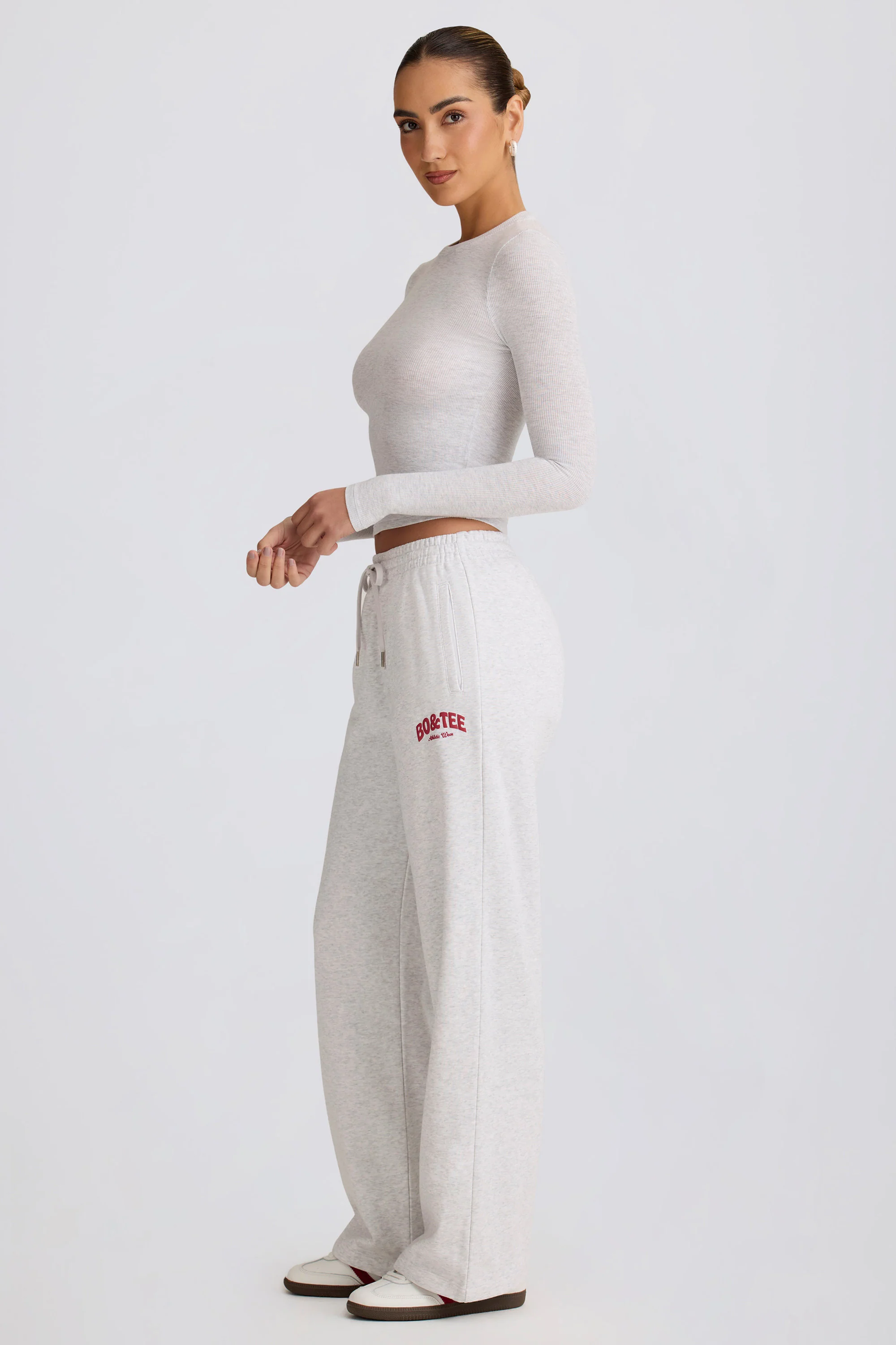 Soft Cotton Mid-Rise Wide-Leg Joggers in Grey Marl - Image 3