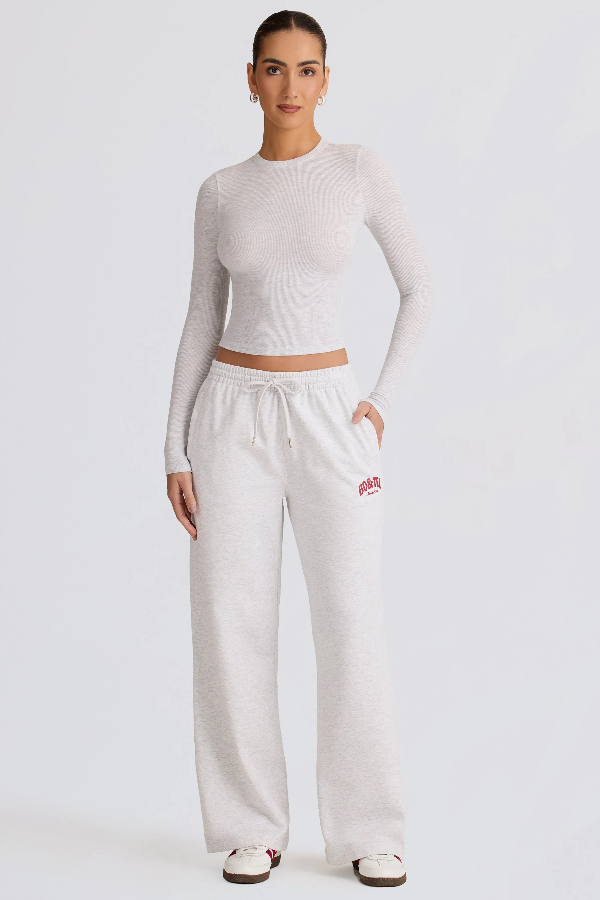 Soft Cotton Mid-Rise Wide-Leg Joggers in Grey Marl - Image 5