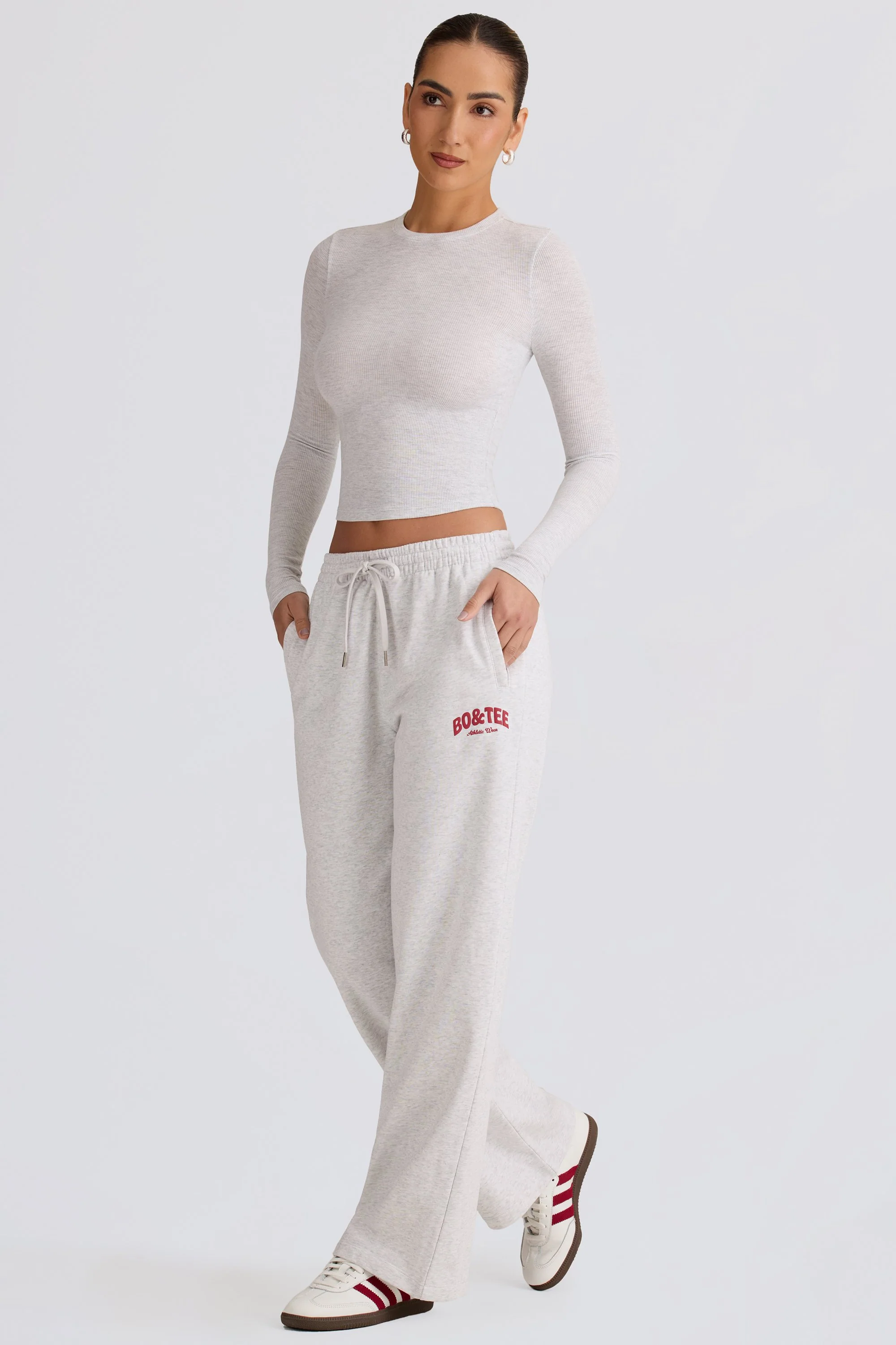 Soft Cotton Mid-Rise Wide-Leg Joggers in Grey Marl - Image 6