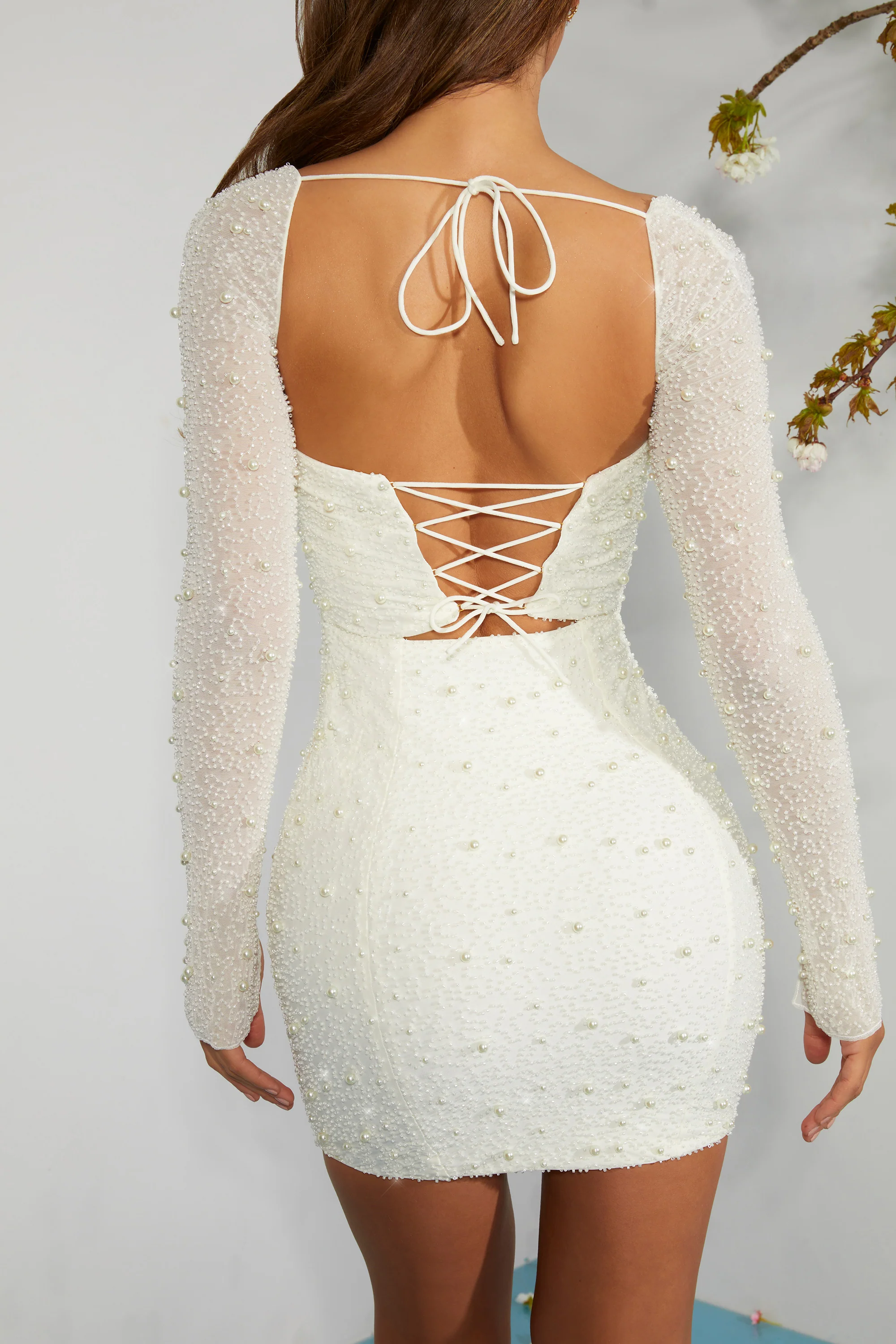 Long Sleeve Embellished Corset Mini Dress in Ivory - Image 6