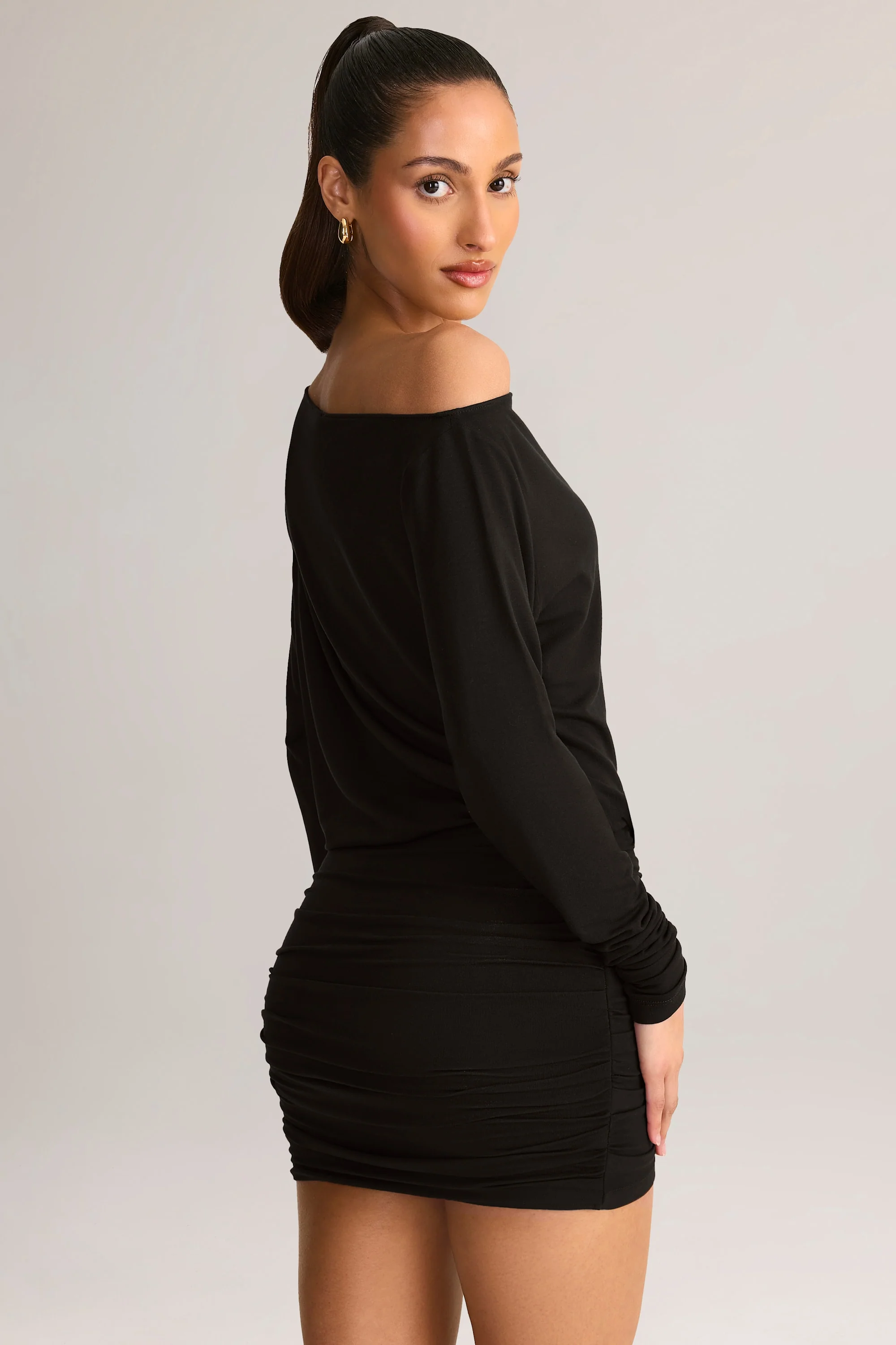 Modal Off-Shoulder Wrap Mini Dress in Black - Image 7