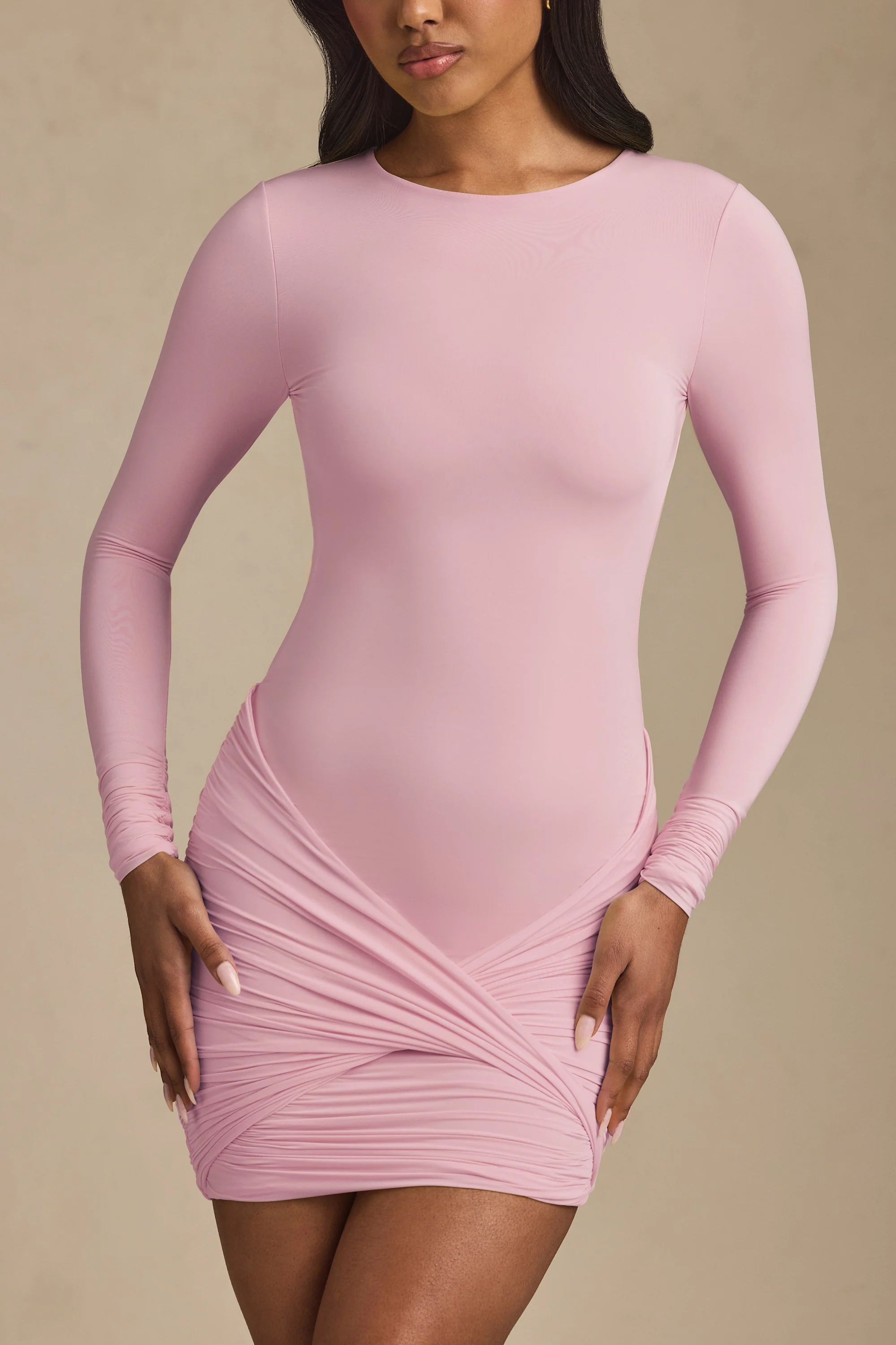 Modal Twist-Front Ruched Backless Mini Dress in Soft Pink - Image 2