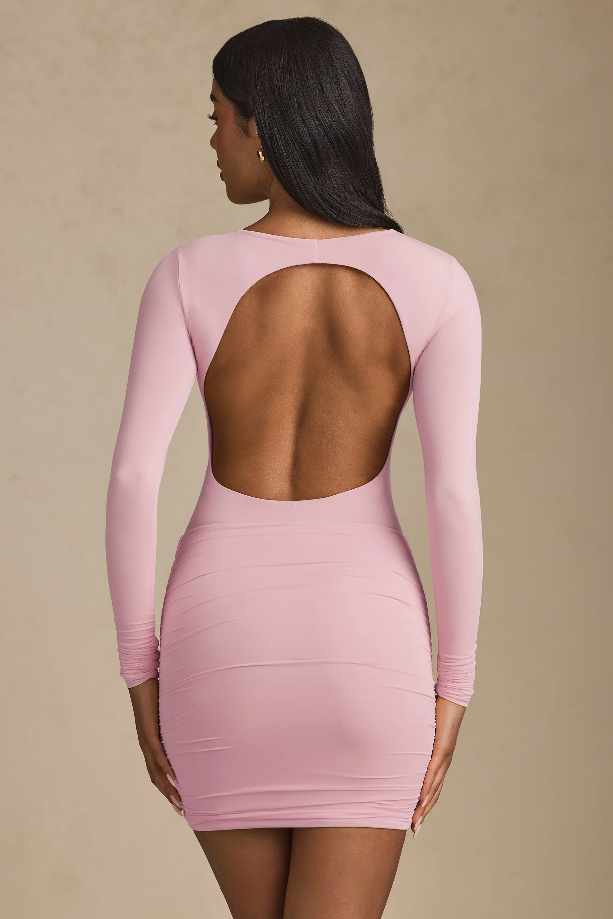 Modal Twist-Front Ruched Backless Mini Dress in Soft Pink - Image 3