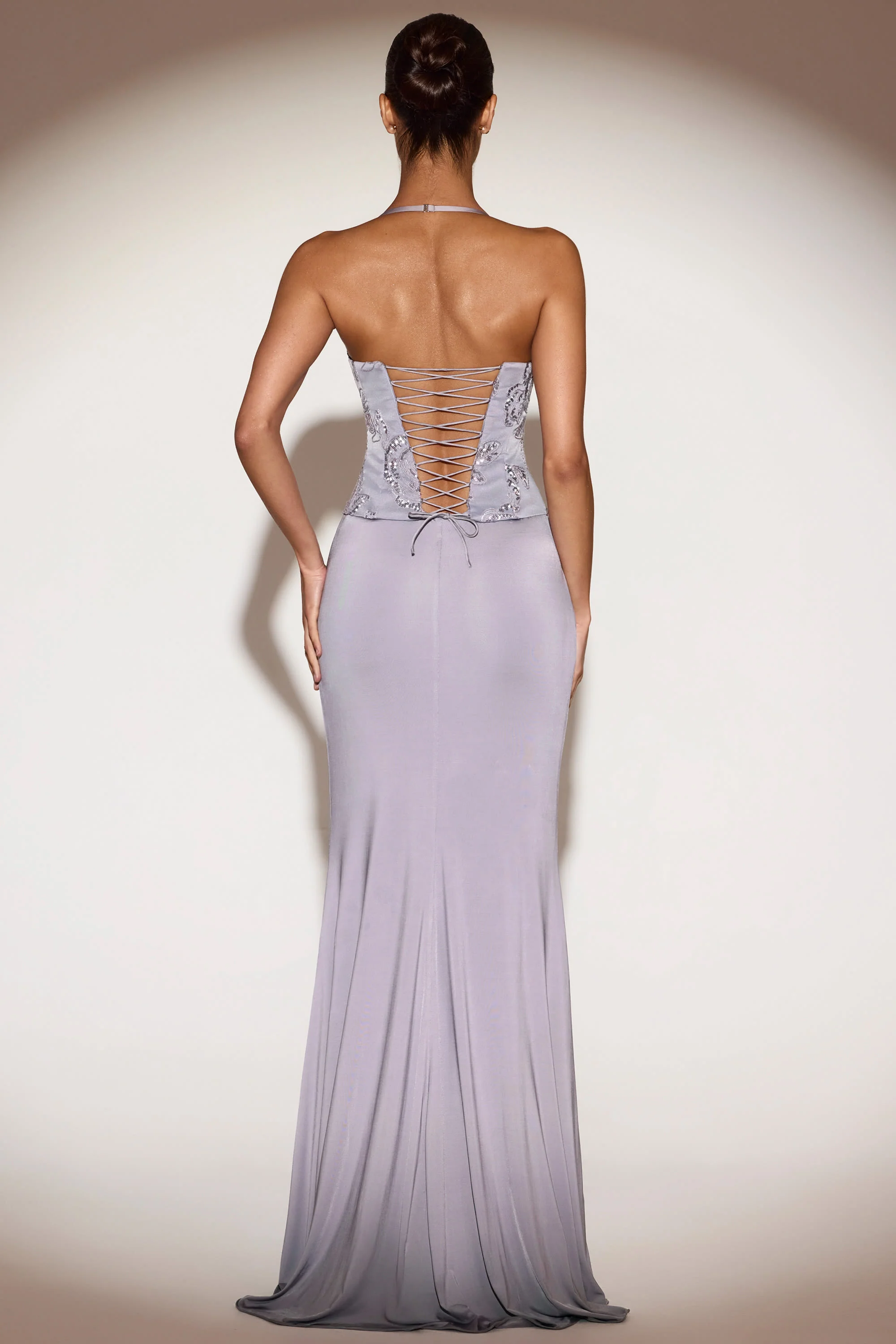 Embellished Cowl-Neck Ruffled Gown Dress in Lilac - Image 2