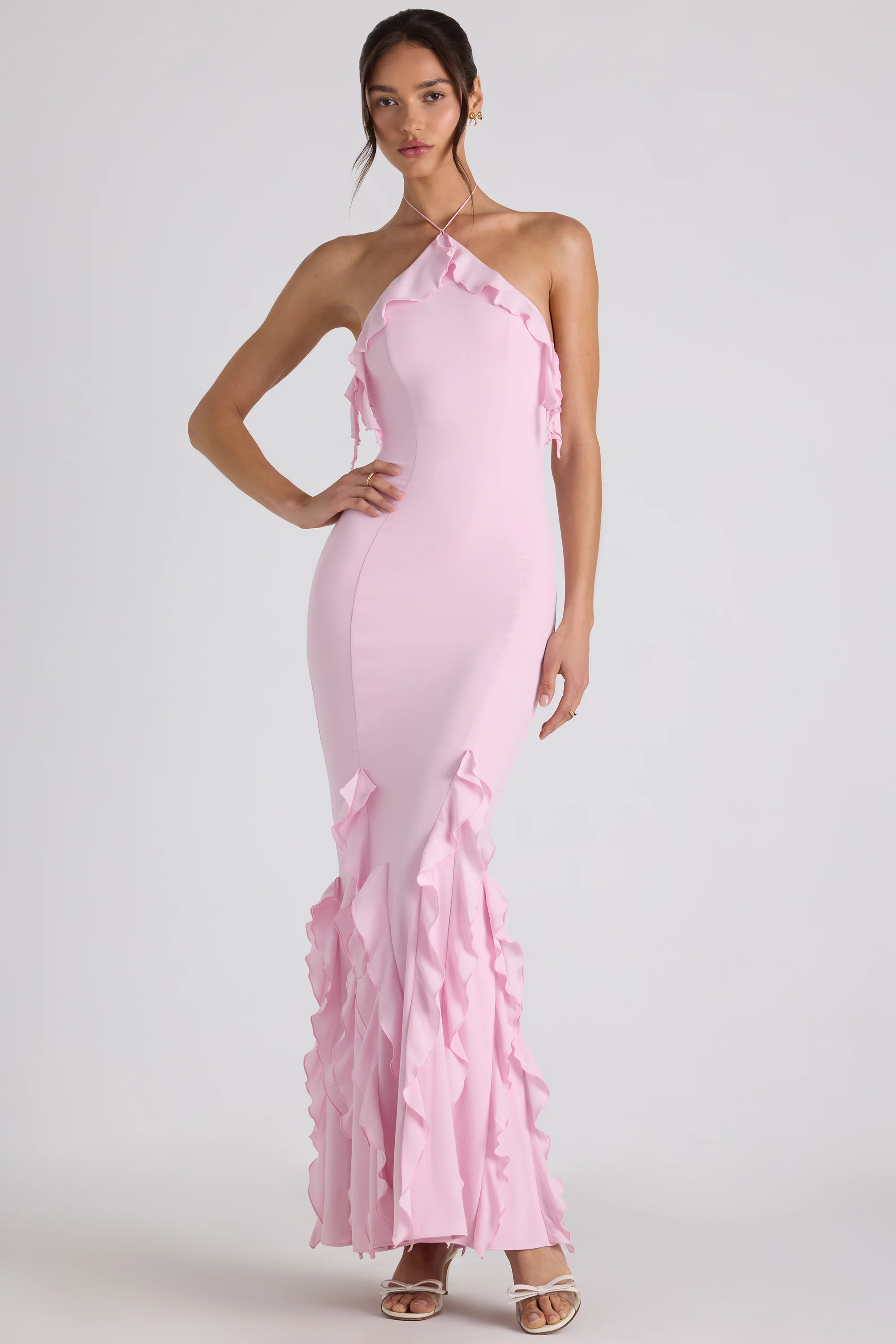 Ruffle-Trim Halterneck Gown in Soft Pink - Image 5