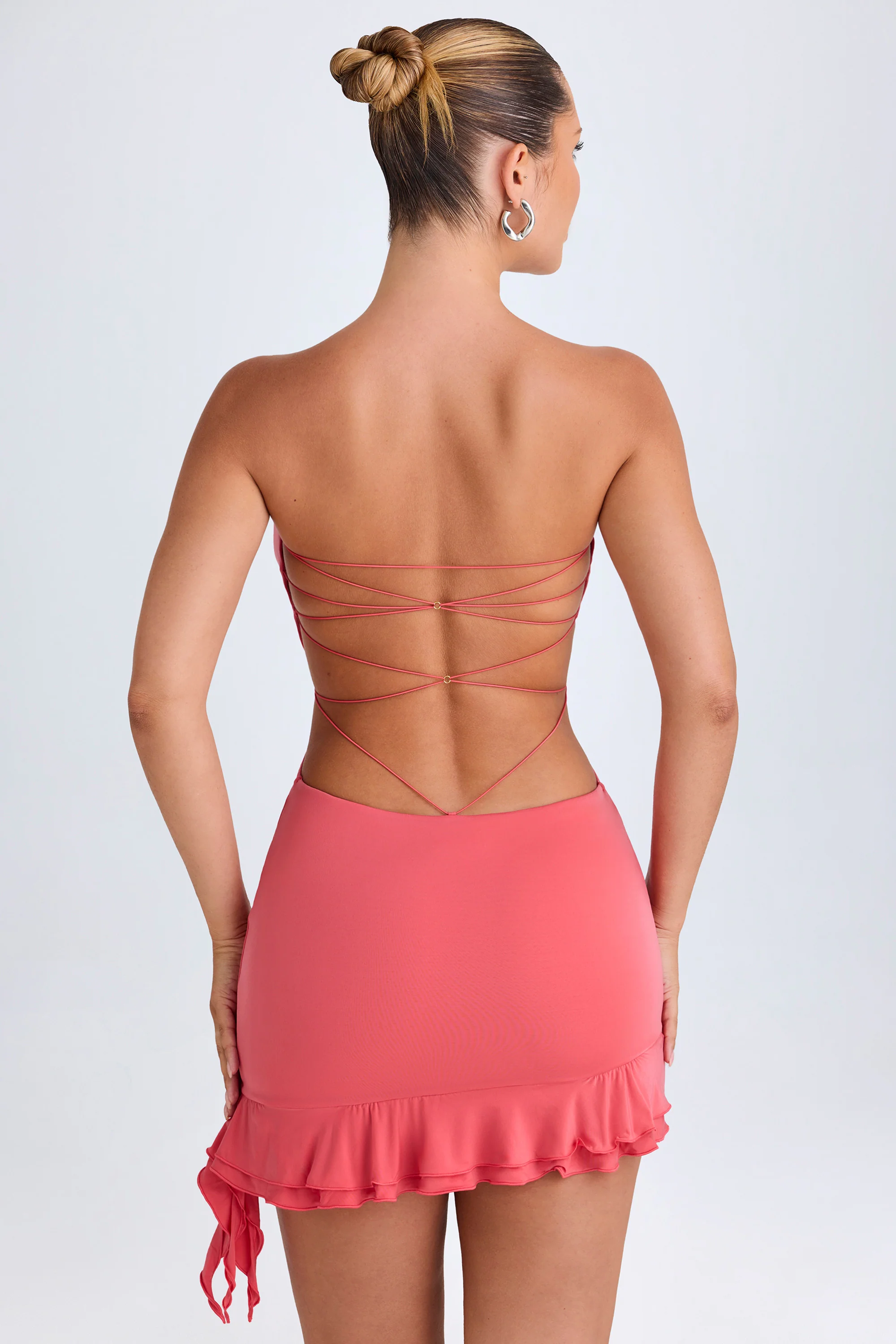 Ruffle-Trim Cut-Out Bandeau Mini Dress in Coral - Image 2