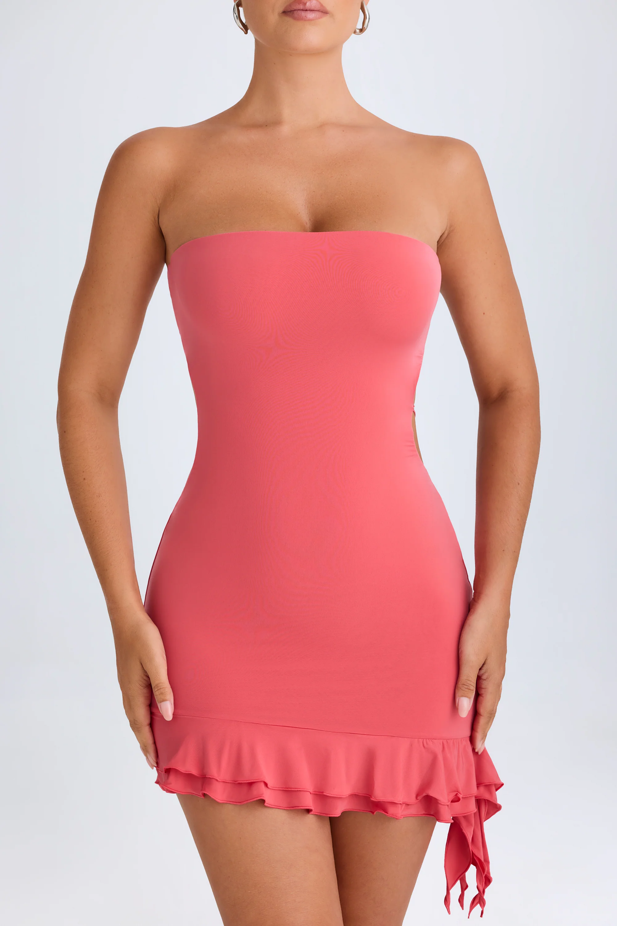 Ruffle-Trim Cut-Out Bandeau Mini Dress in Coral - Image 4