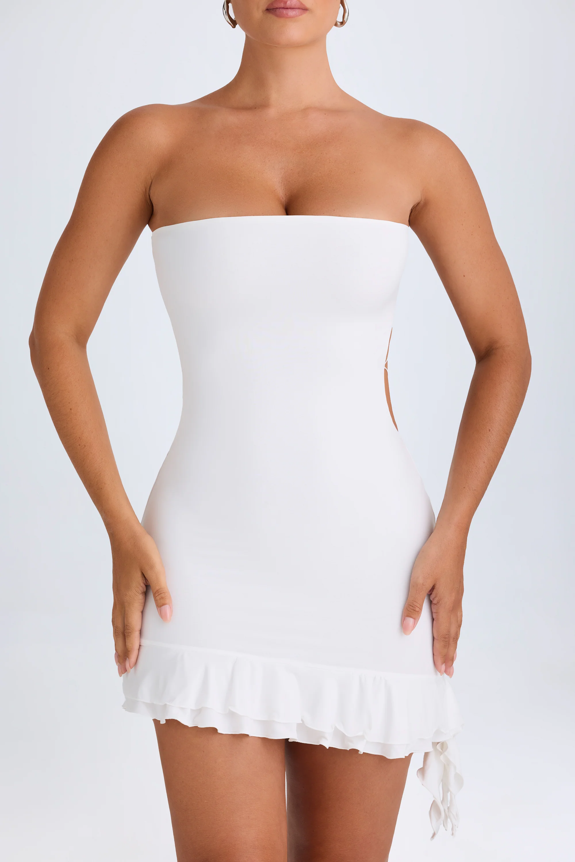 Ruffle-Trim Cut-Out Bandeau Mini Dress in White - Image 4