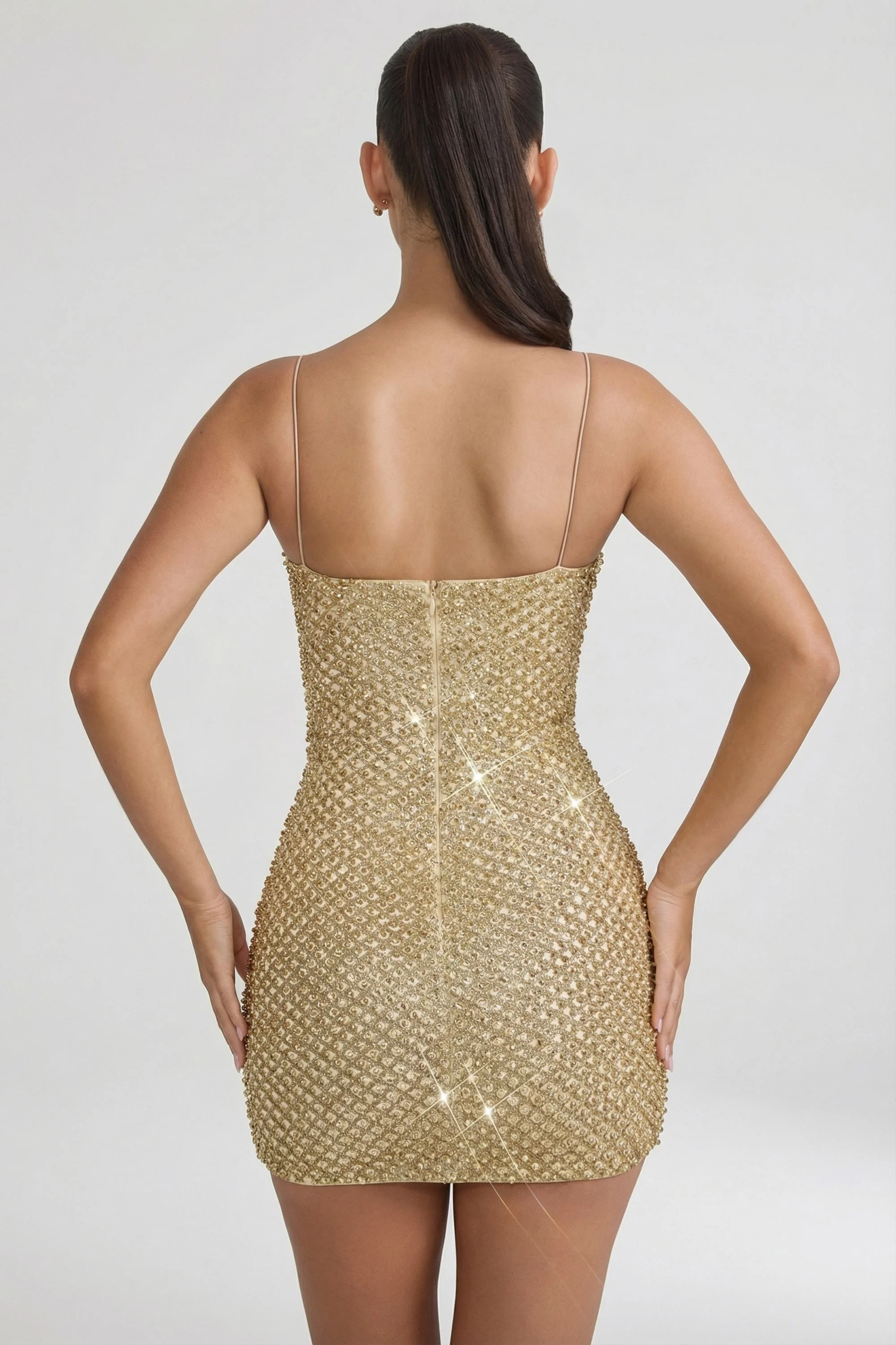 Embellished Sweetheart-Neck Mini Dress in Gold - Image 2
