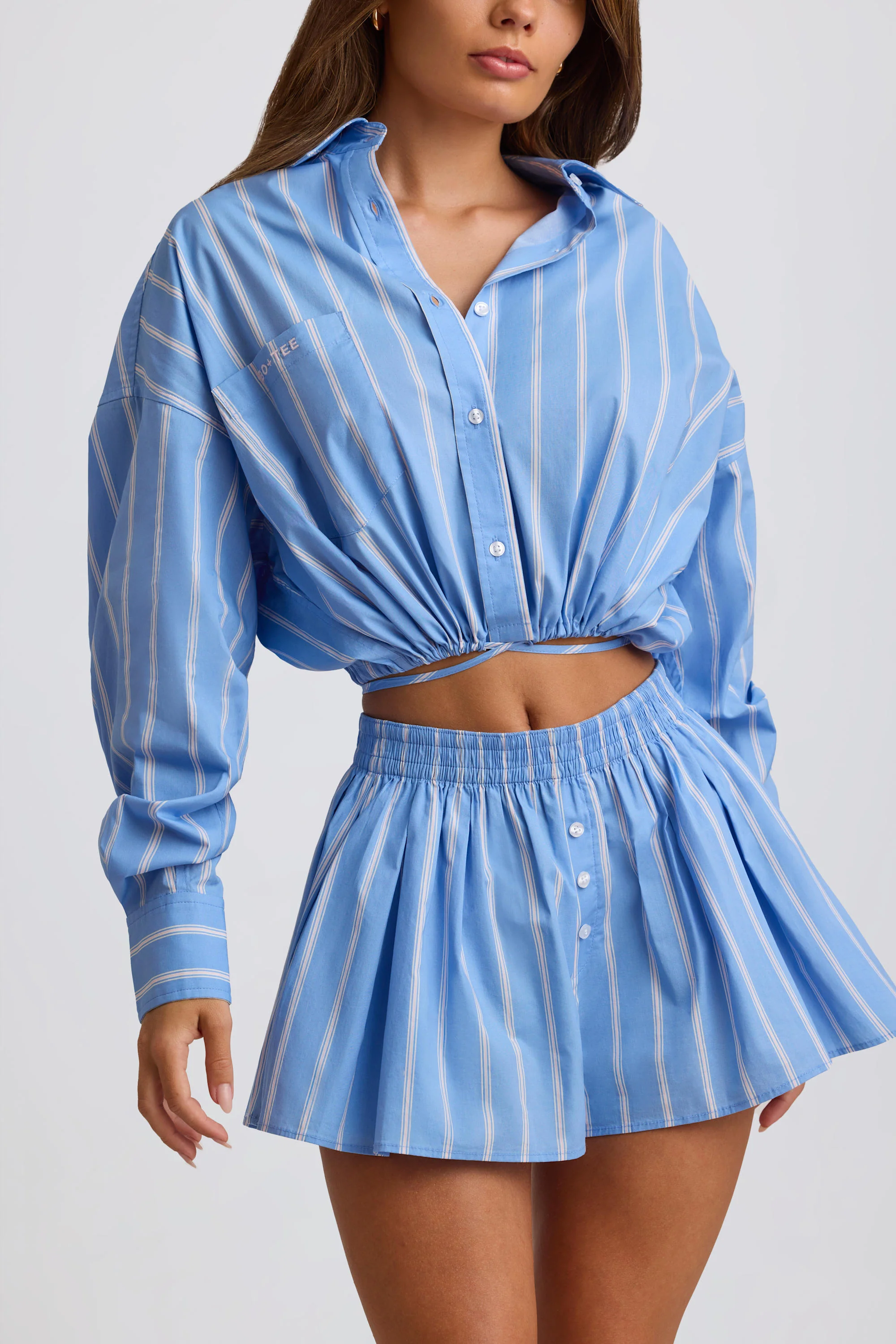 Cotton Poplin Stripe Multiway Cropped Shirt in Blue Stripe - Image 4