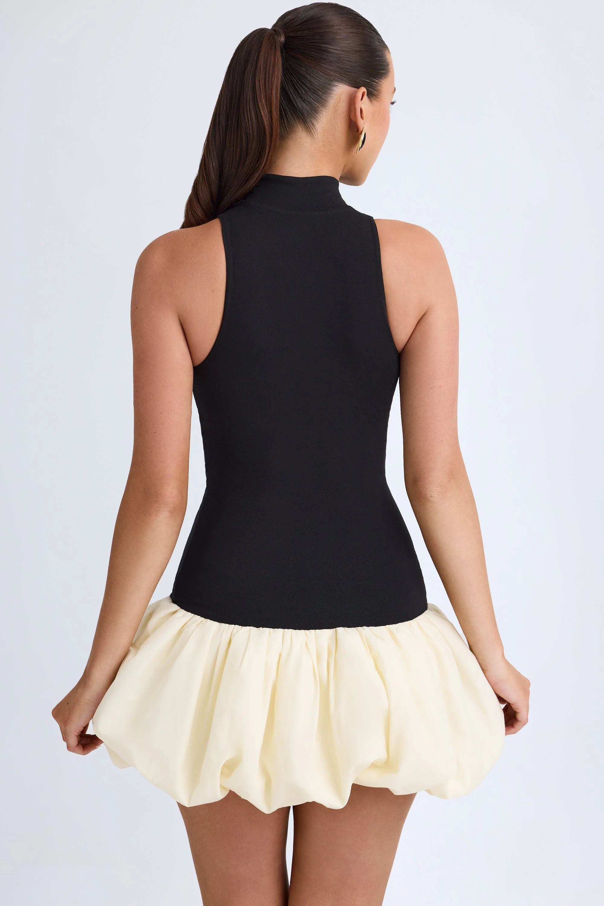 Modal Turtleneck Drop-Waist Bubble Hem Mini Dress in Black - Image 3