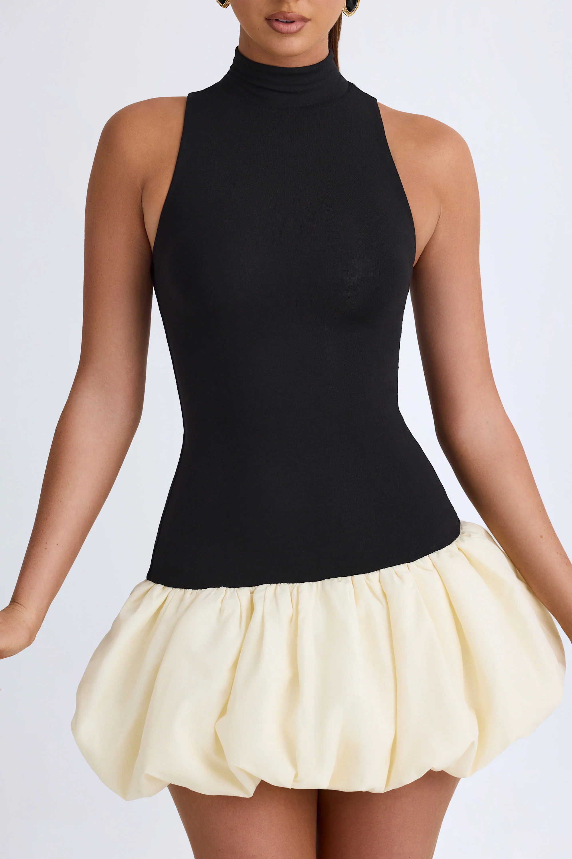 Modal Turtleneck Drop-Waist Bubble Hem Mini Dress in Black - Image 5