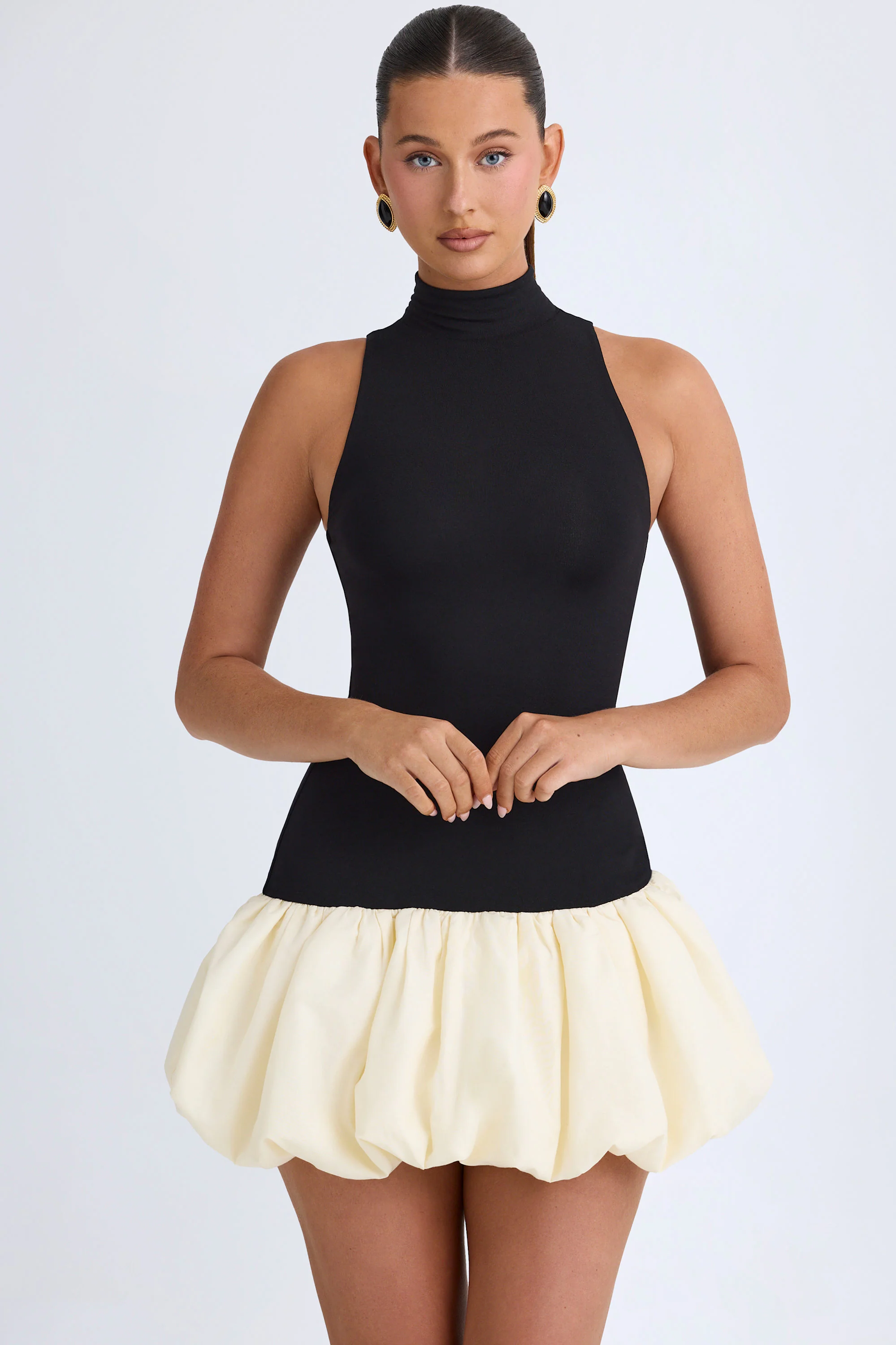 Modal Turtleneck Drop-Waist Bubble Hem Mini Dress in Black - Image 7