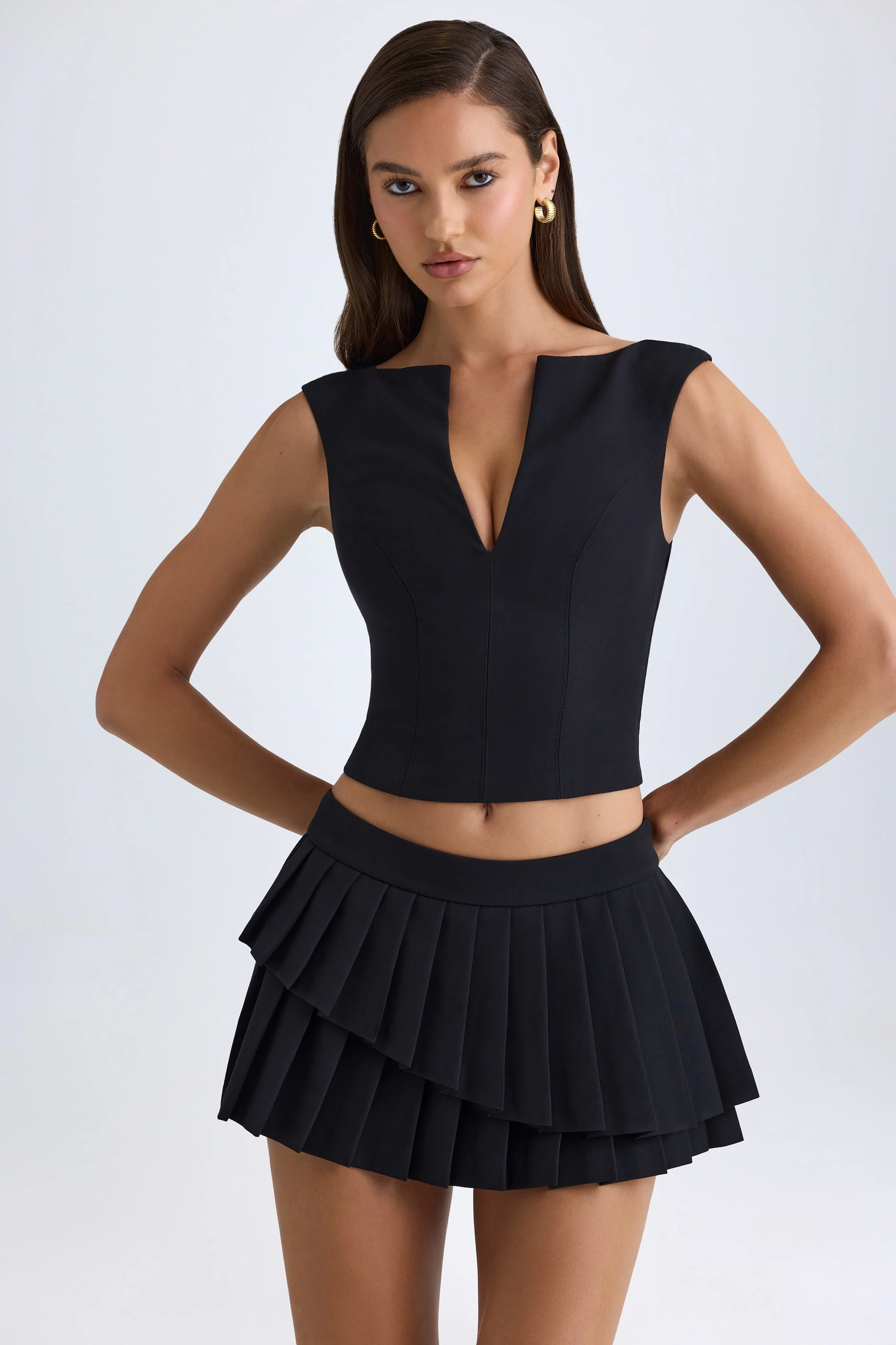Layered Pleated Low-Rise Mini Skirt in Black - Image 2