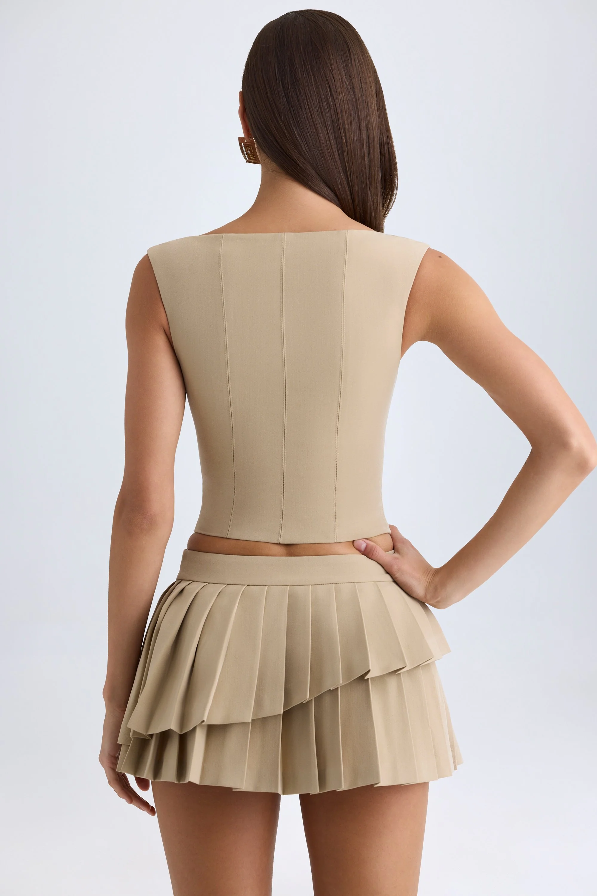 Layered Pleated Low-Rise Mini Skirt in Camel - Image 3