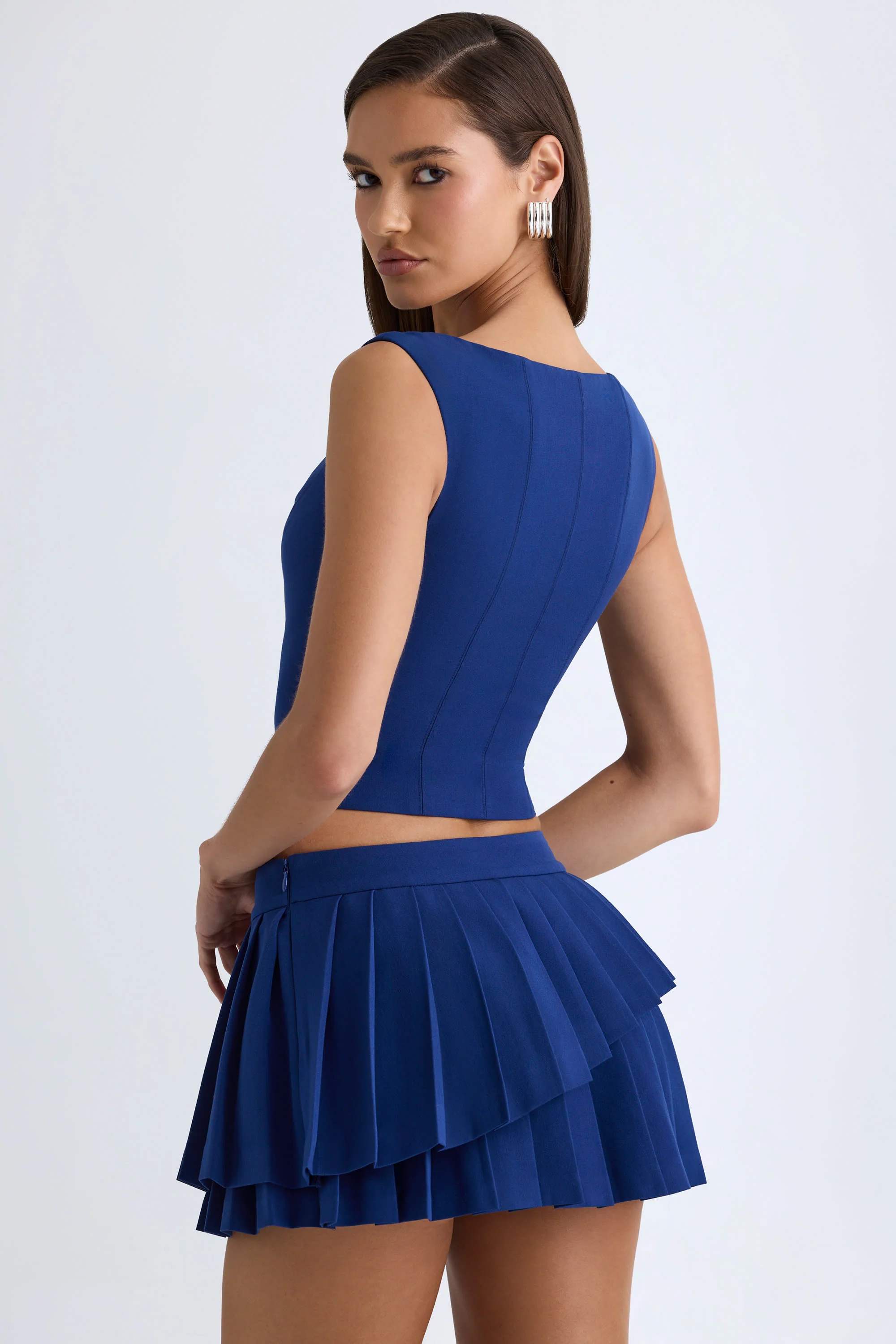 Layered Pleated Low-Rise Mini Skirt in True Navy - Image 4