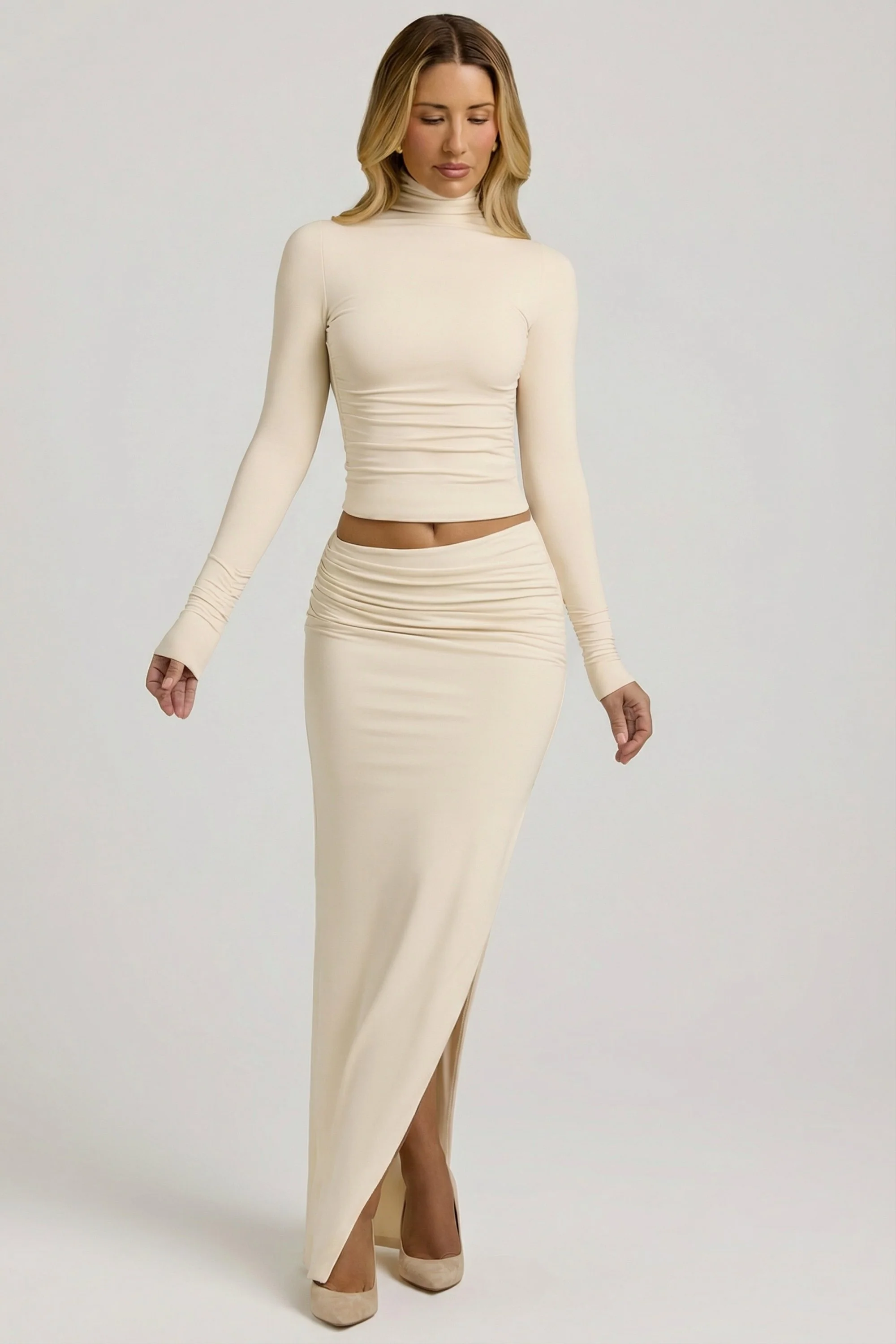 Modal Asymmetric-Waist Maxi Skirt in Ivory - Image 9