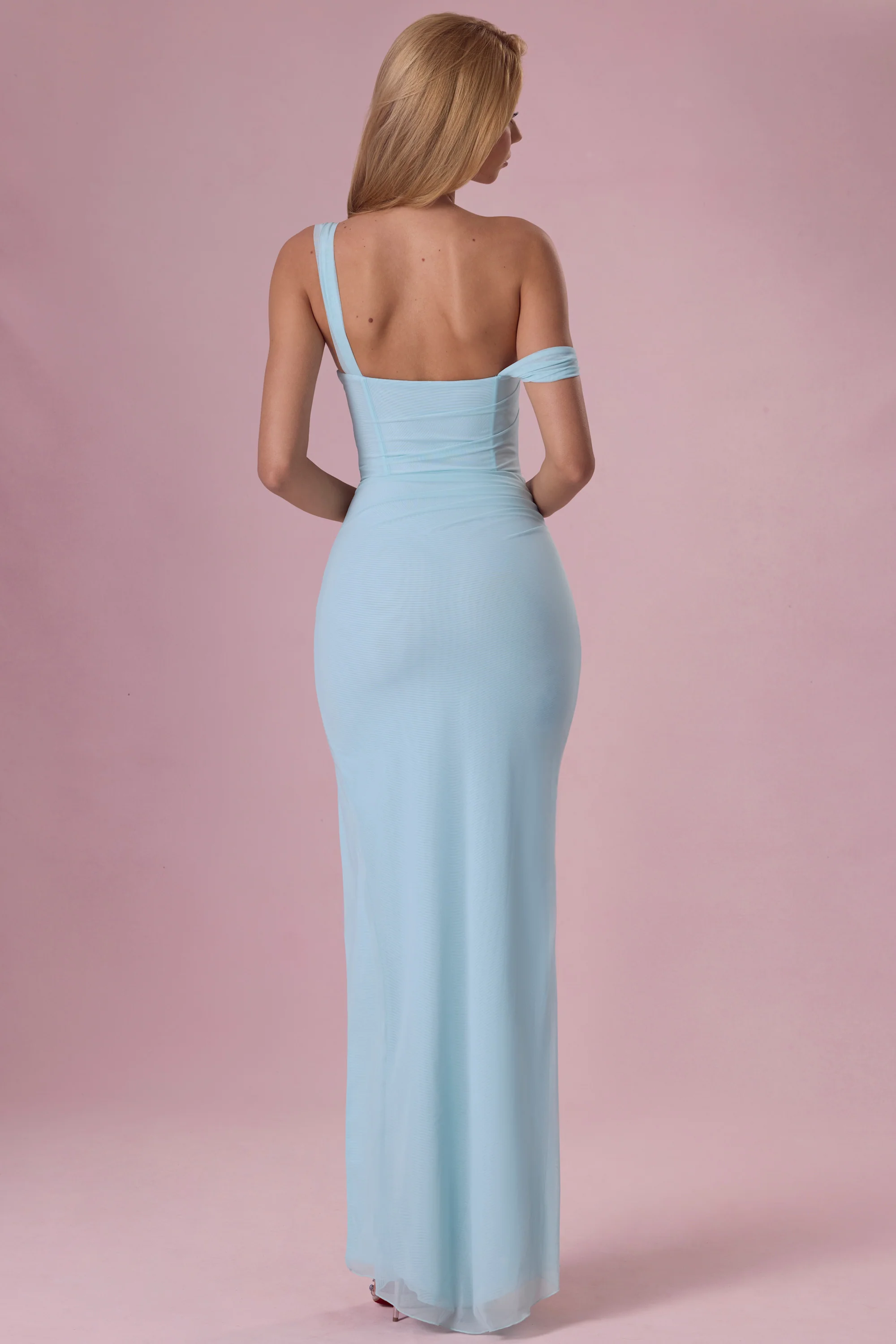 Mesh Draped Corset Gown in Light Blue - Image 3