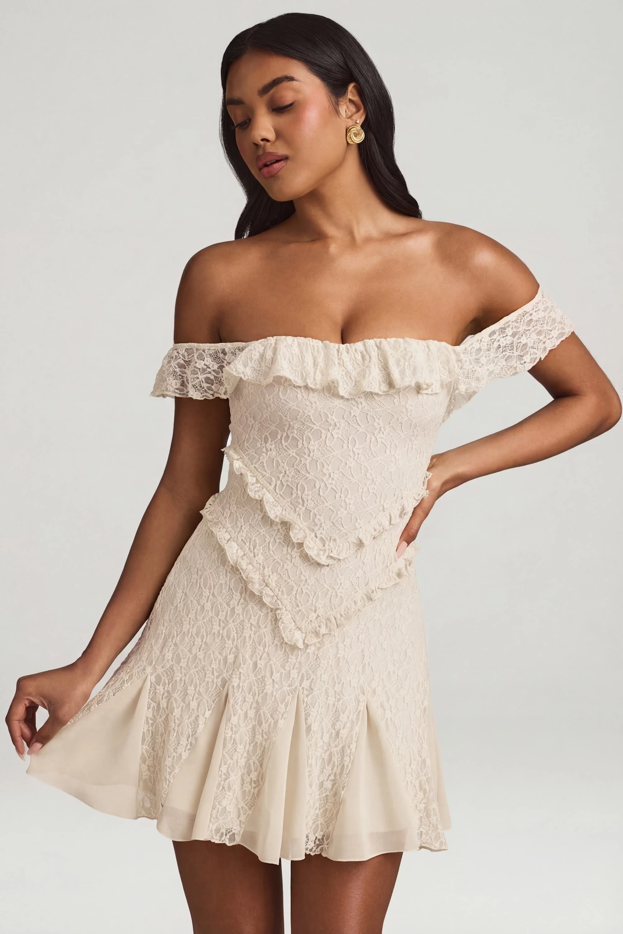 Off-Shoulder Lace A-Line Mini Dress in Ivory - Image 6