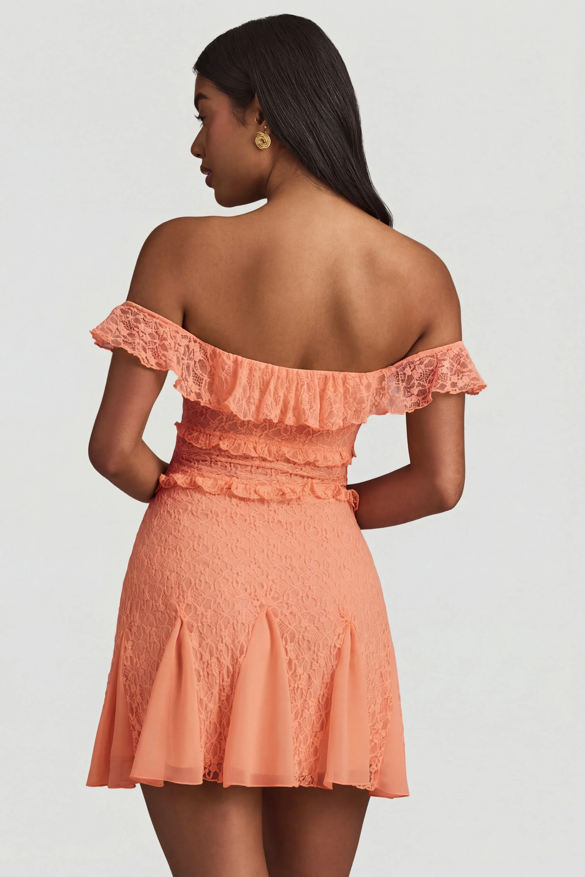 Off-Shoulder Lace A-Line Mini Dress in Peach - Image 2