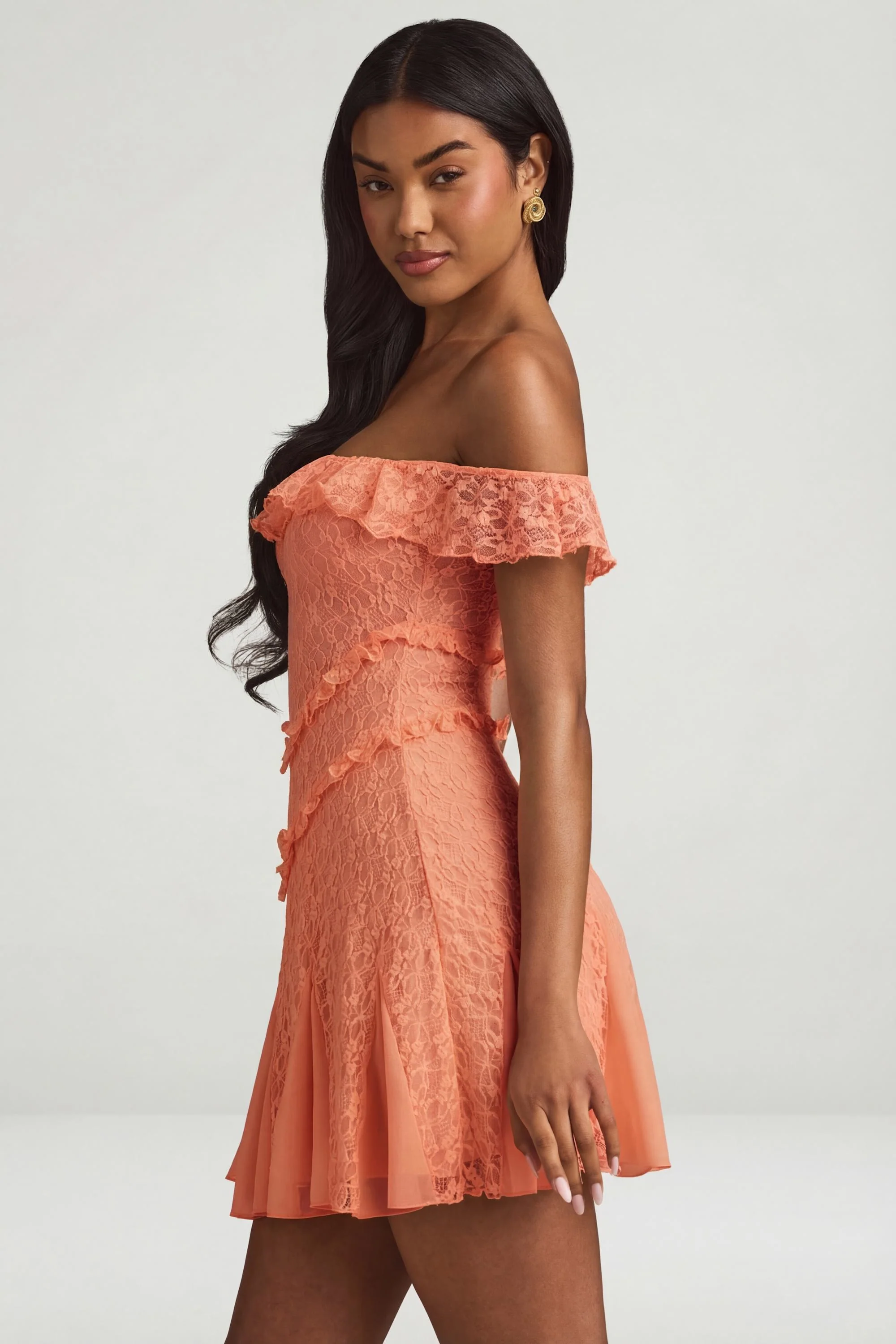 Off-Shoulder Lace A-Line Mini Dress in Peach - Image 3