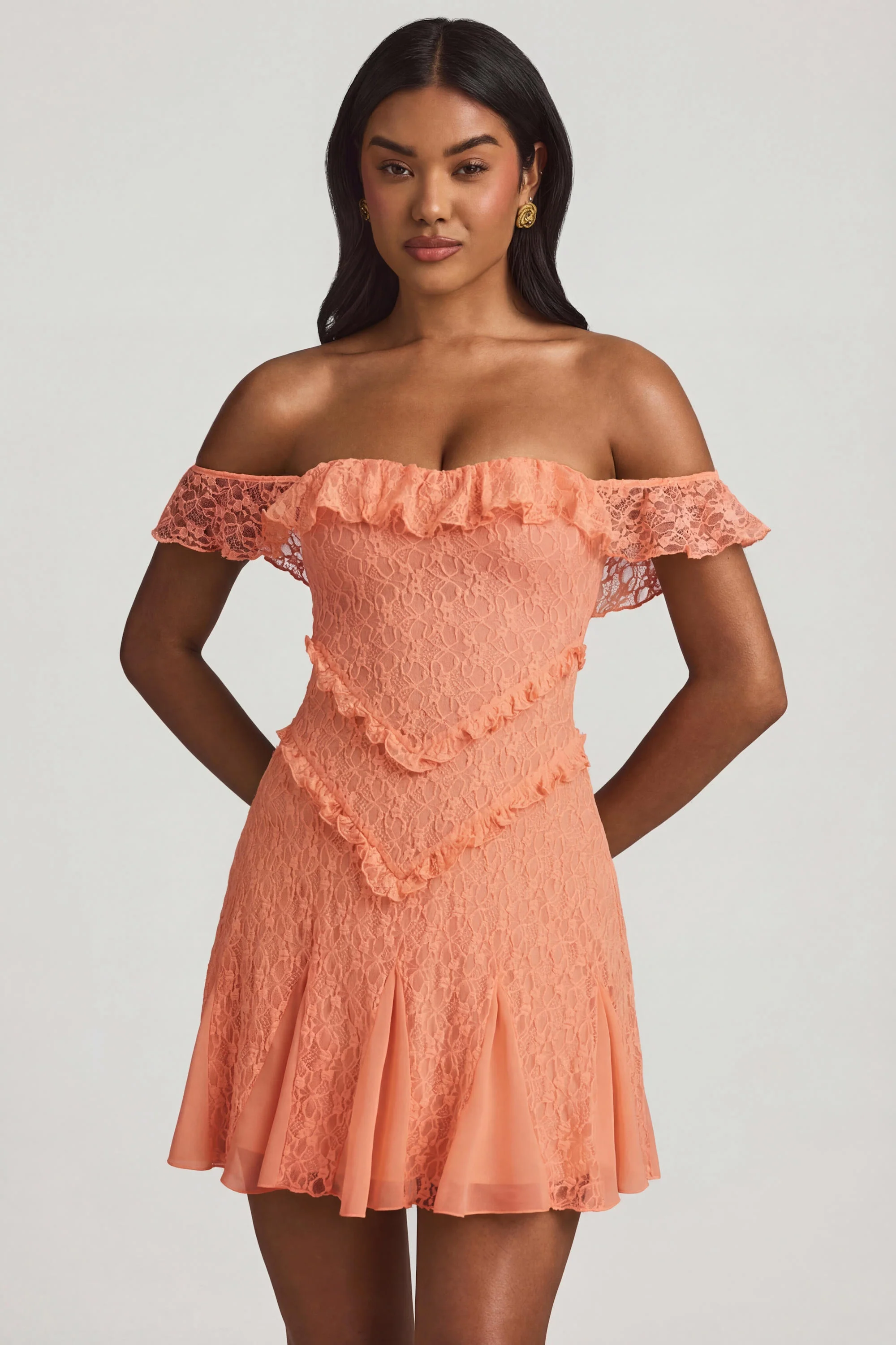Off-Shoulder Lace A-Line Mini Dress in Peach - Image 6