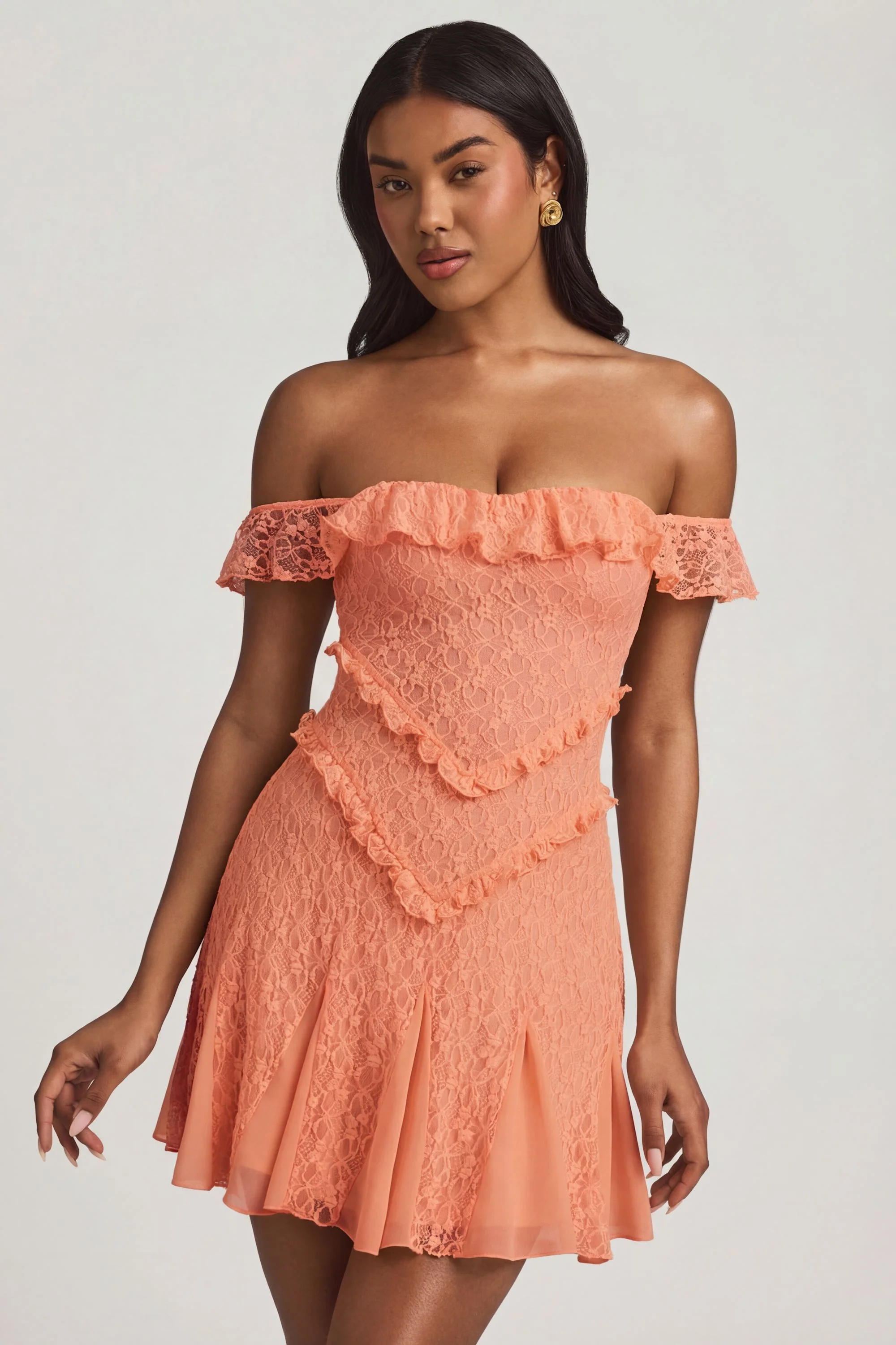 Off-Shoulder Lace A-Line Mini Dress in Peach - Image 7