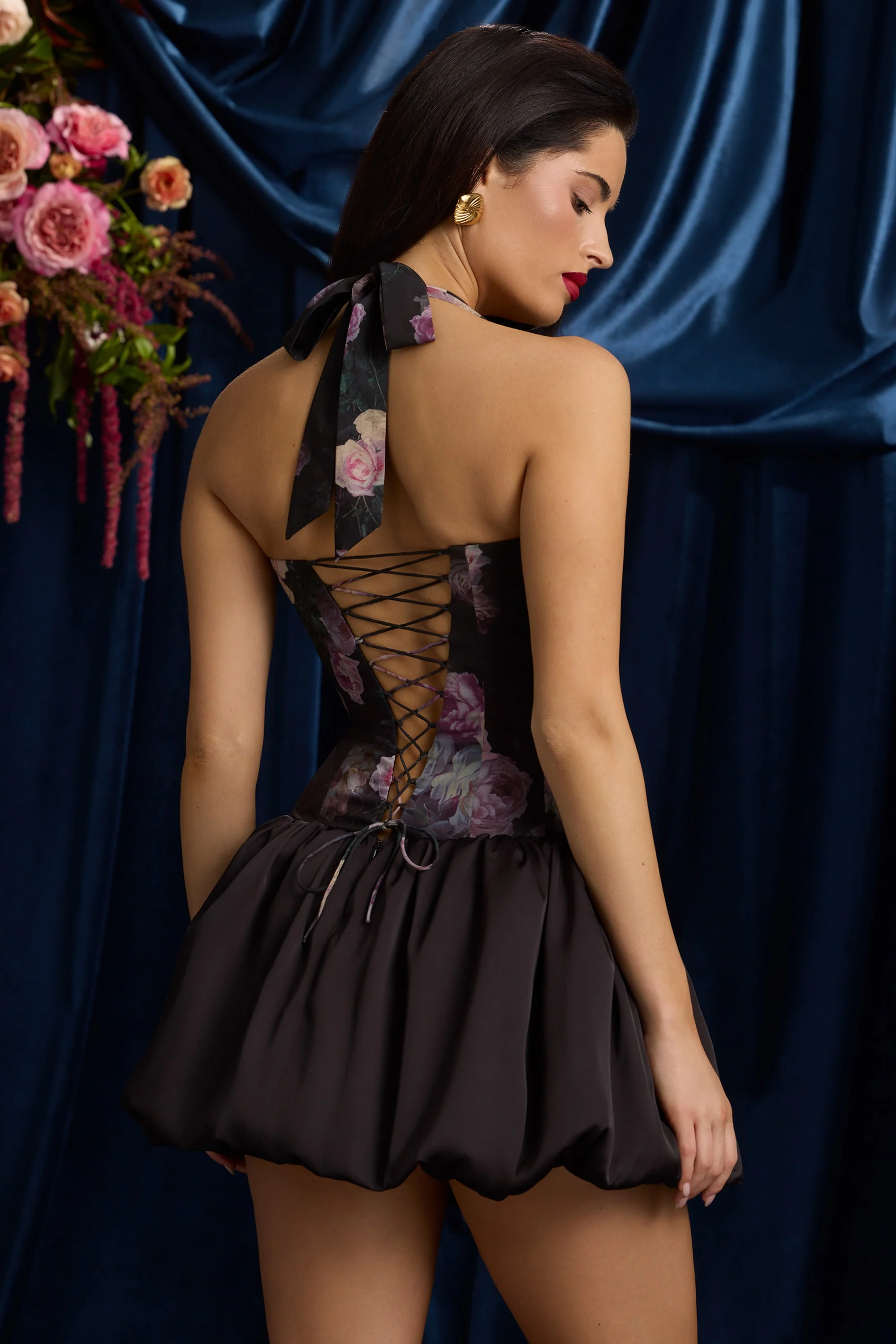 Halterneck Lace-Up Bubble Hem Mini Dress in Black Floral Print - Image 14