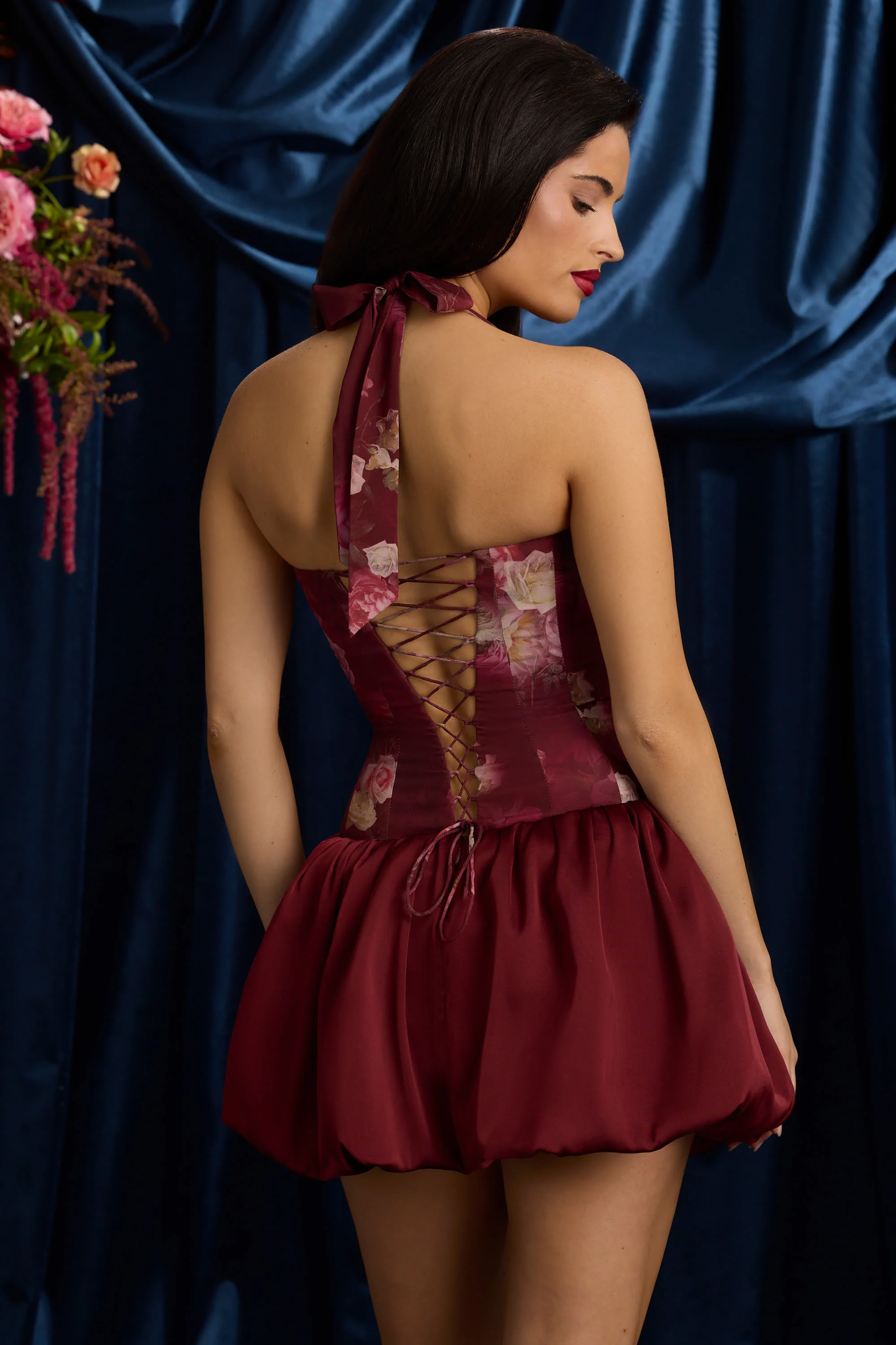 Halterneck Lace-Up Bubble Hem Mini Dress in Maroon Floral Print - Image 15