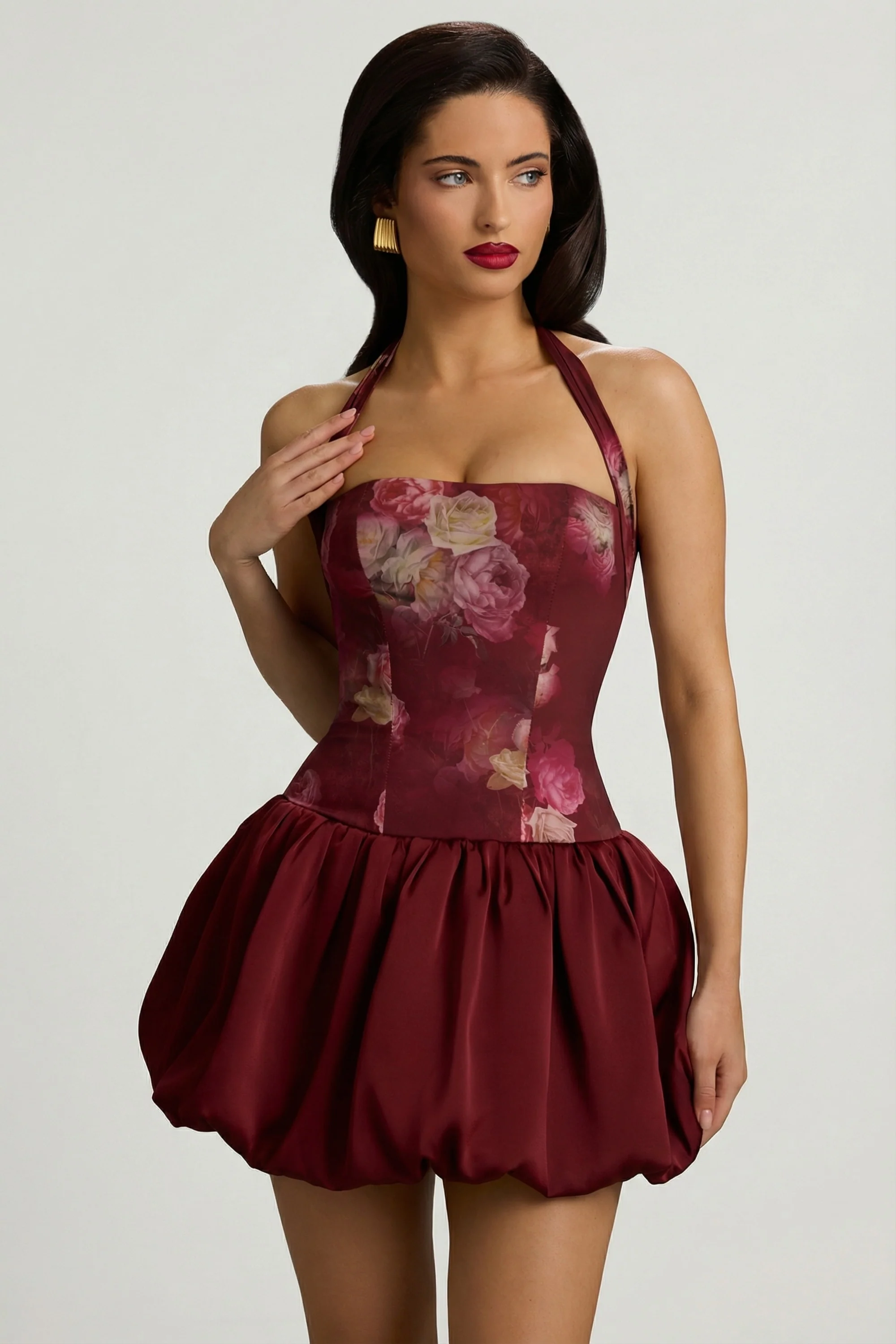 Halterneck Lace-Up Bubble Hem Mini Dress in Maroon Floral Print - Image 2
