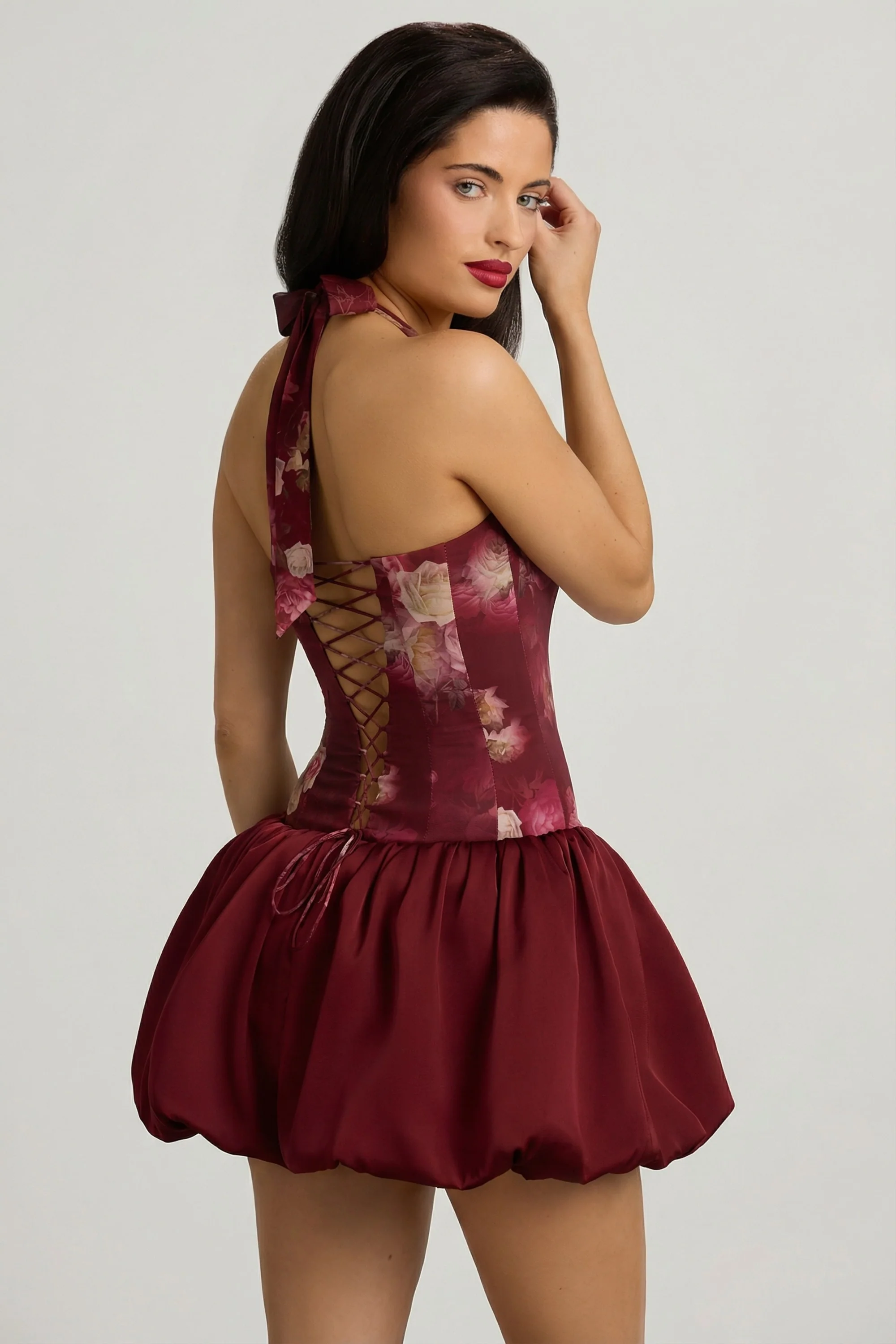 Halterneck Lace-Up Bubble Hem Mini Dress in Maroon Floral Print - Image 3
