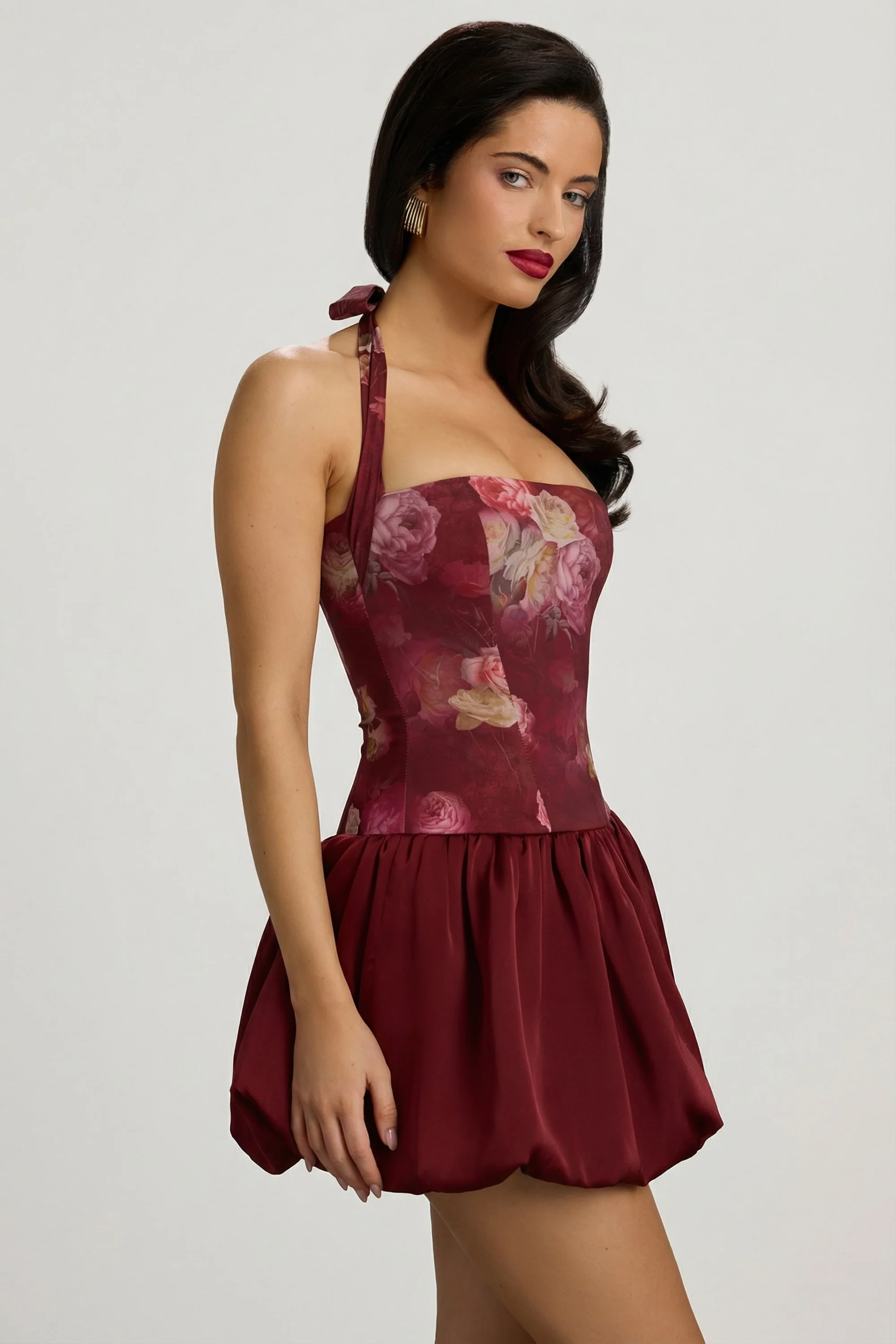 Halterneck Lace-Up Bubble Hem Mini Dress in Maroon Floral Print - Image 4
