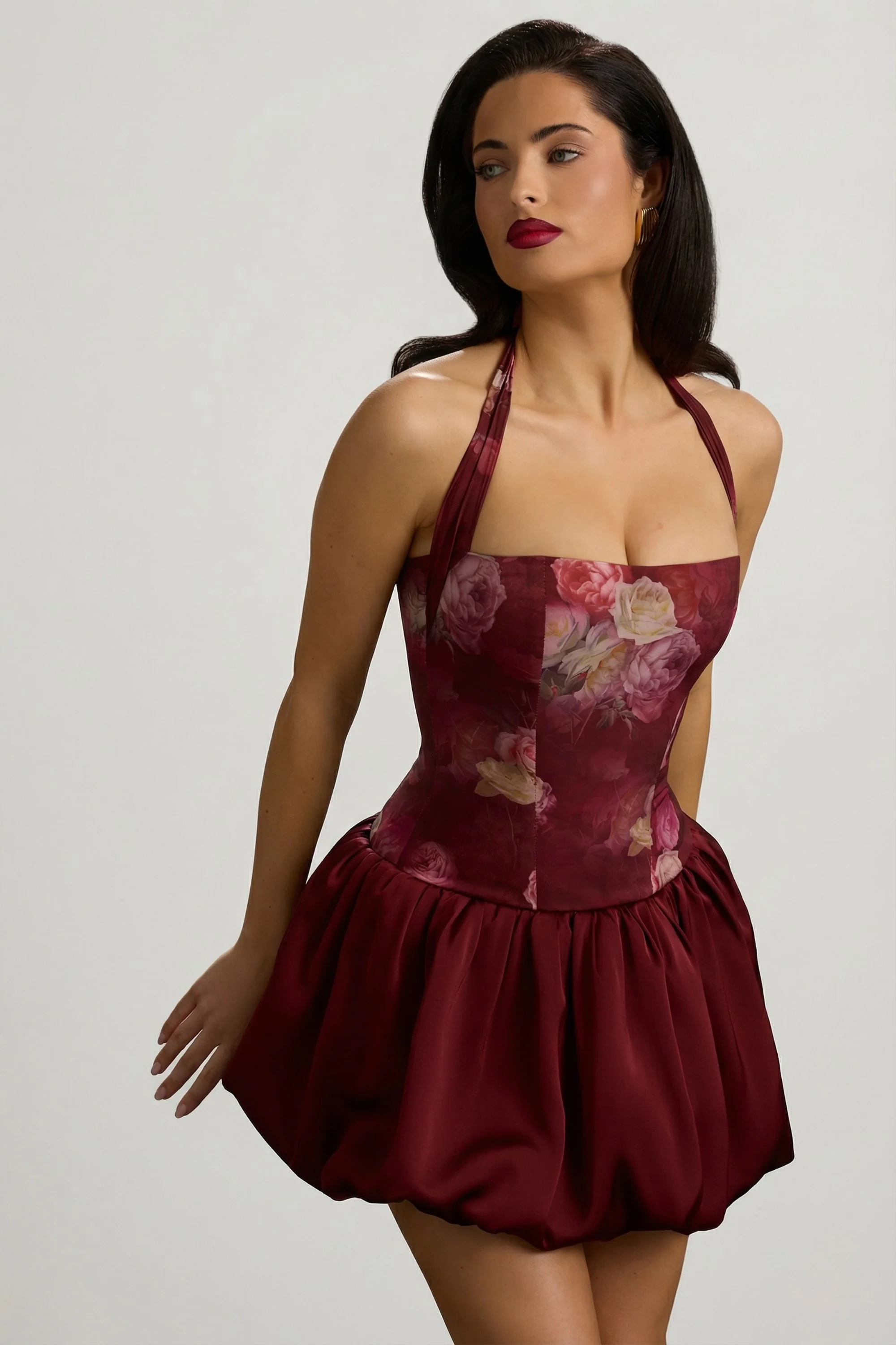 Halterneck Lace-Up Bubble Hem Mini Dress in Maroon Floral Print - Image 7