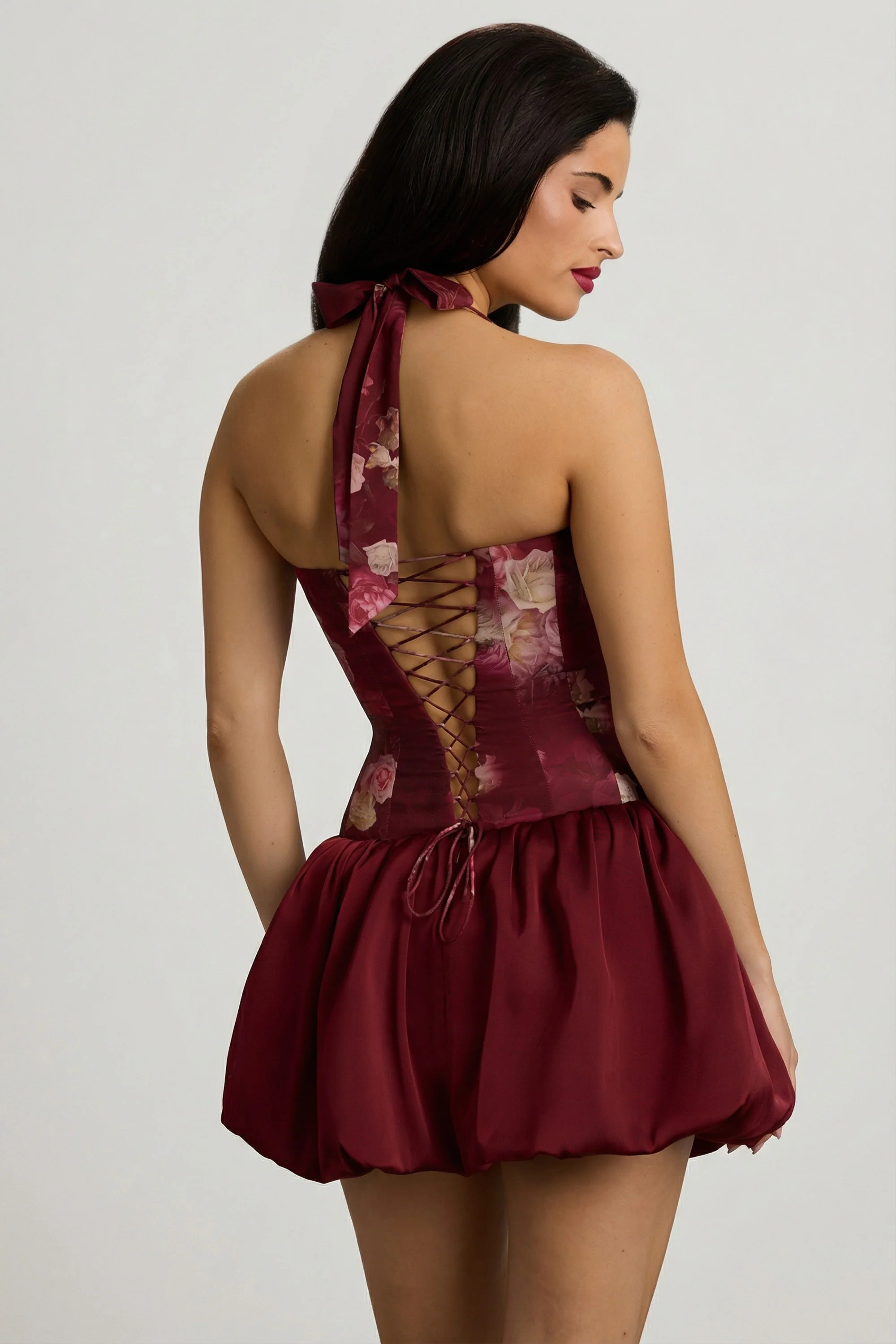 Halterneck Lace-Up Bubble Hem Mini Dress in Maroon Floral Print - Image 8