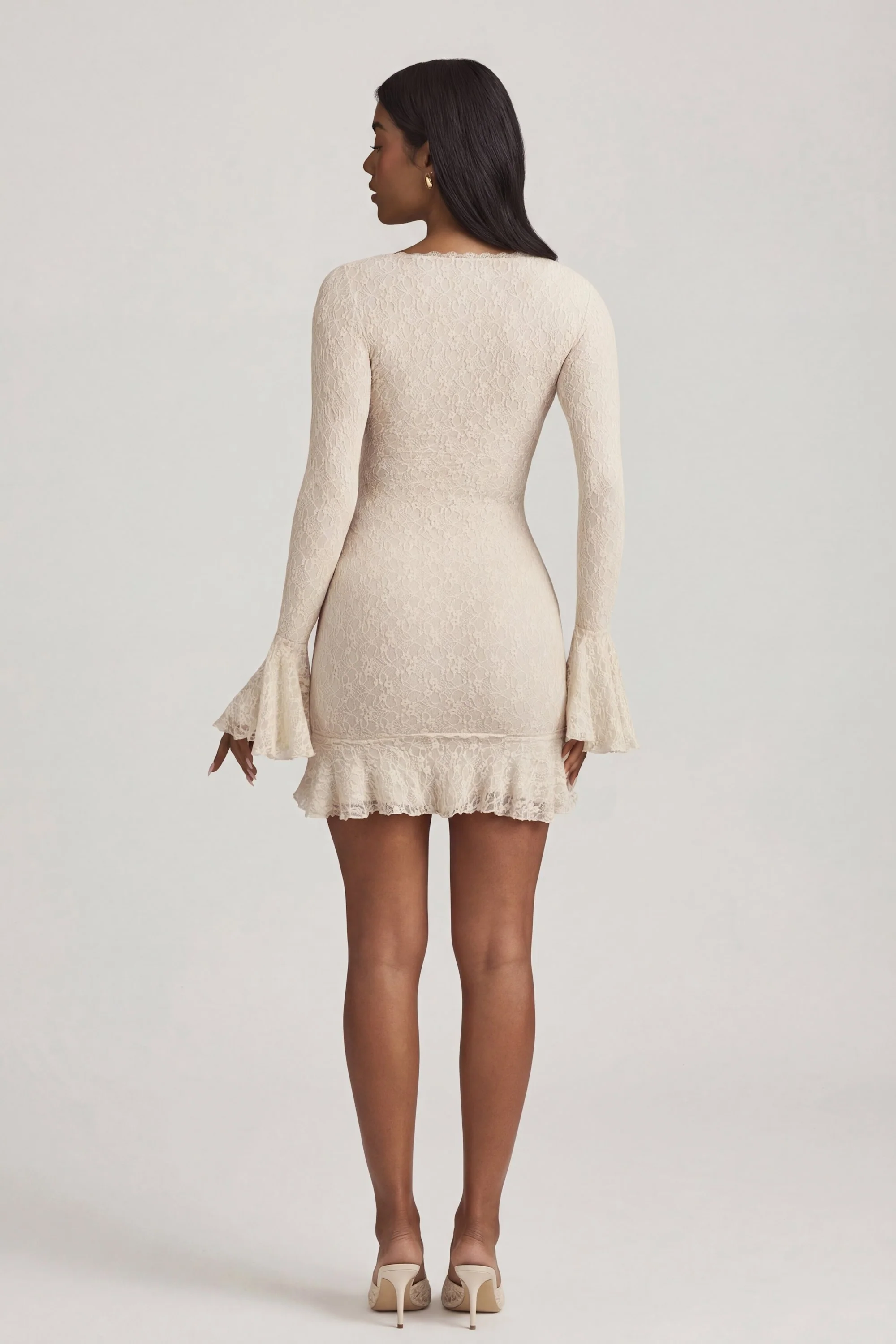 Long-Sleeve Ruffled Lace Mini Dress in Ivory - Image 7