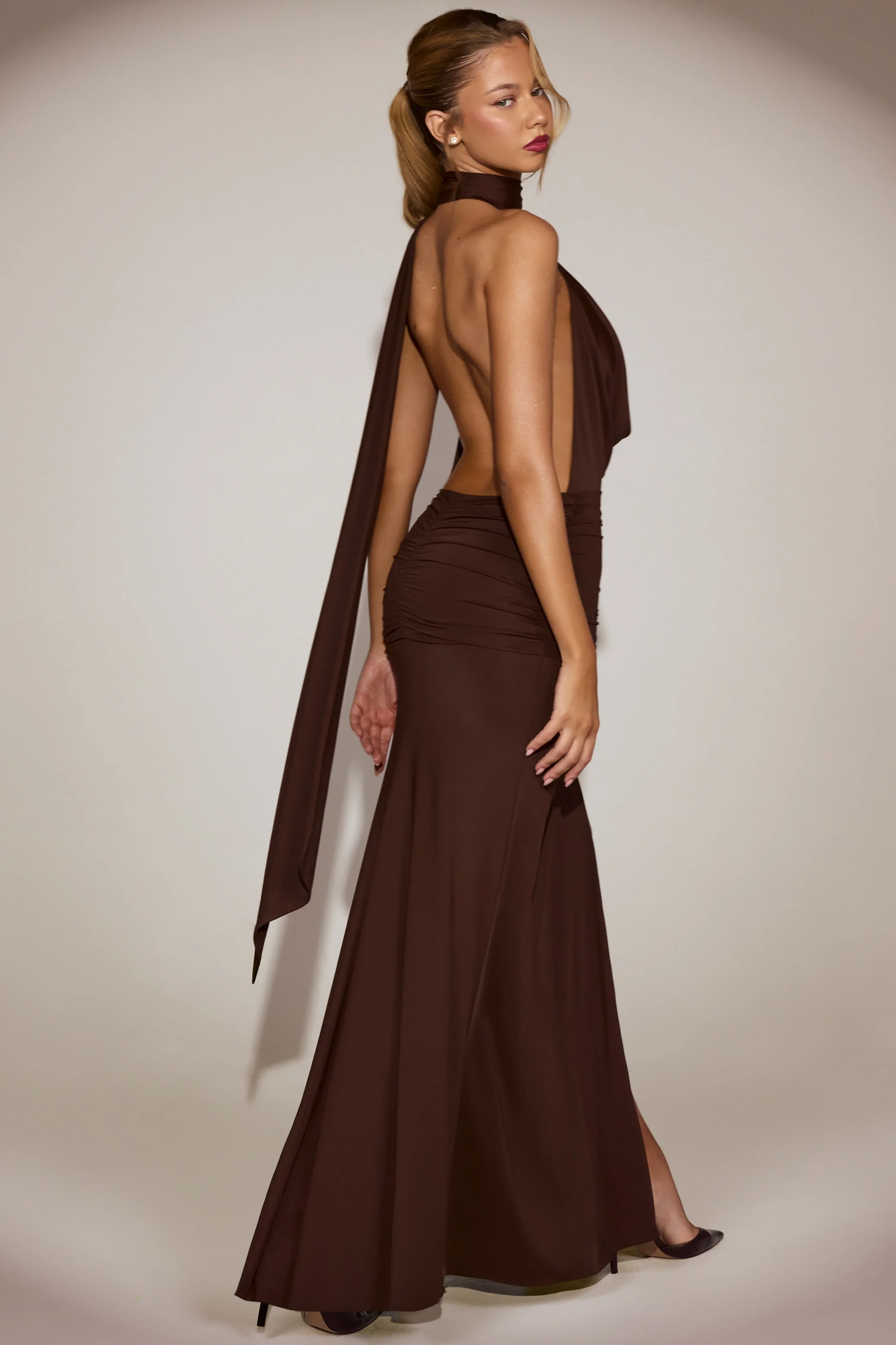 Soft-Jersey Plunge Halterneck Maxi Dress in Chocolate Brown - Image 9