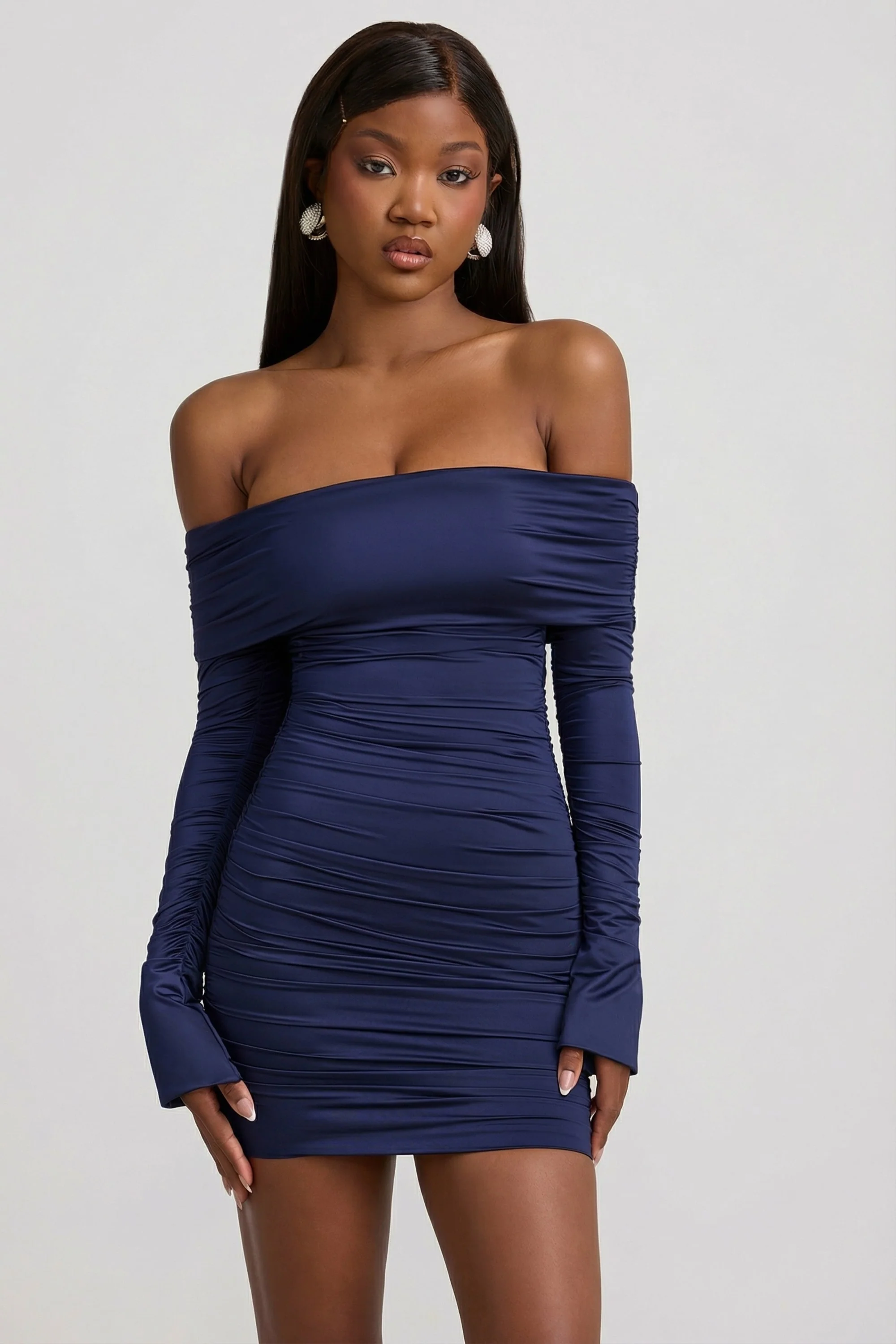 Bow-Detail Off-Shoulder Mini Dress in True Navy - Image 5